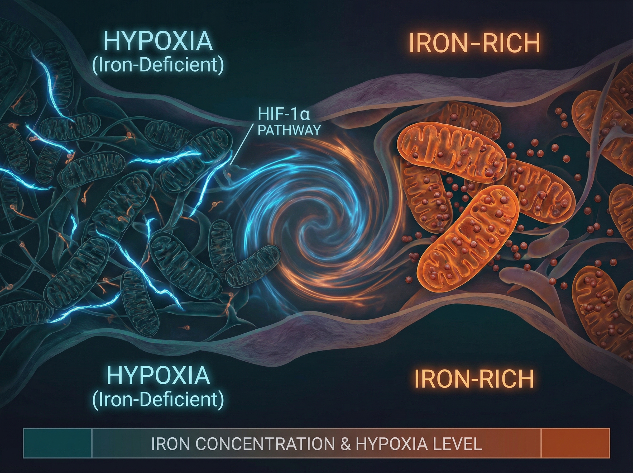 Microscopic visualization of iron molecules and muscle cell mitochondria