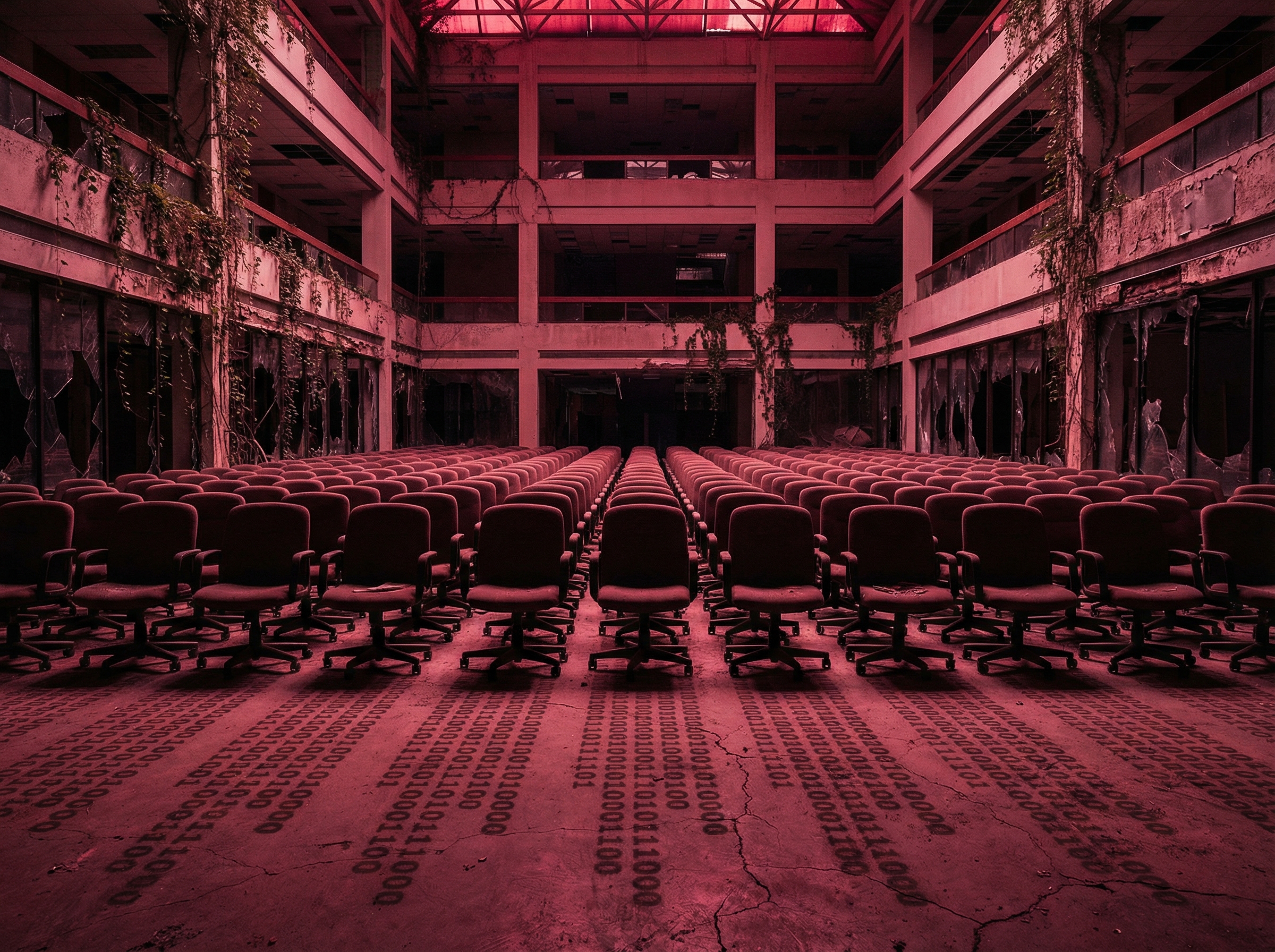 Empty office chairs in abandoned corporate atrium with binary code shadows