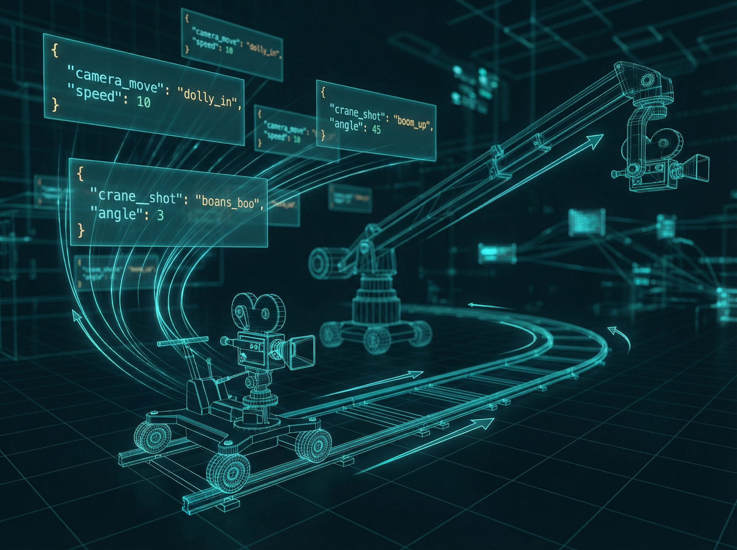 JSON code blocks transforming into cinematic camera movements