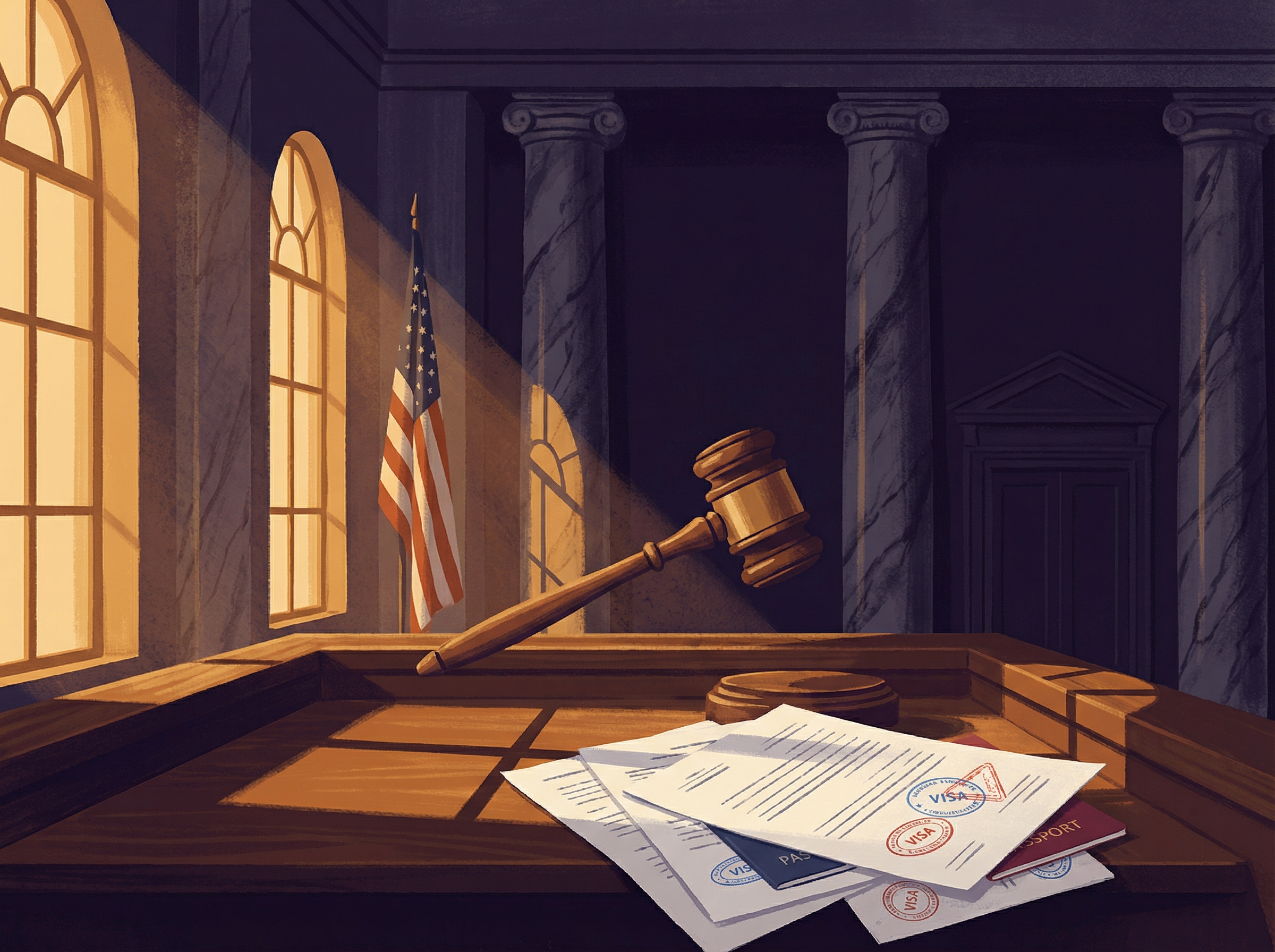Federal courthouse interior with marble columns, a judge's gavel mid-strike, and scattered visa documents