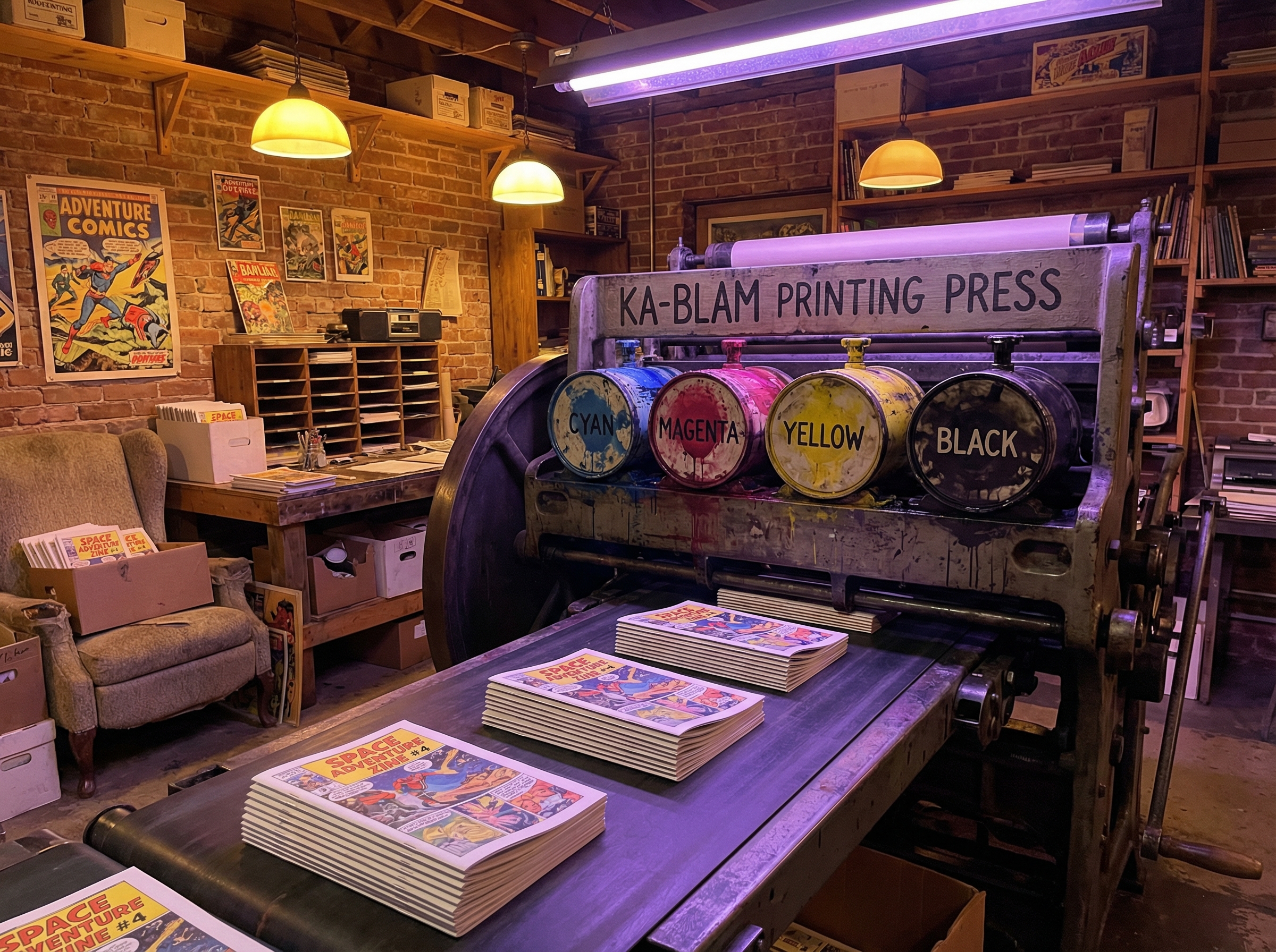 Vintage-style comic book printing press with CMYK ink drums