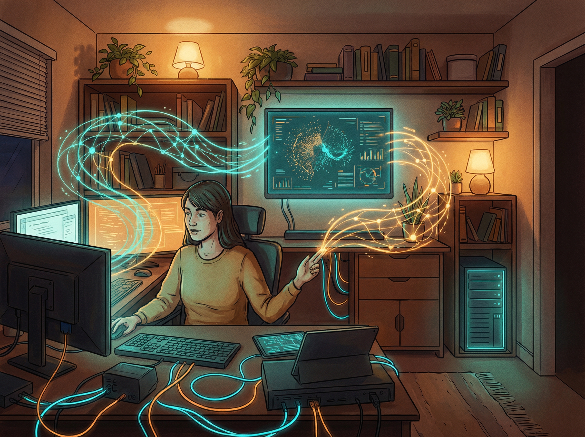 Person training AI model at home with glowing neural computation