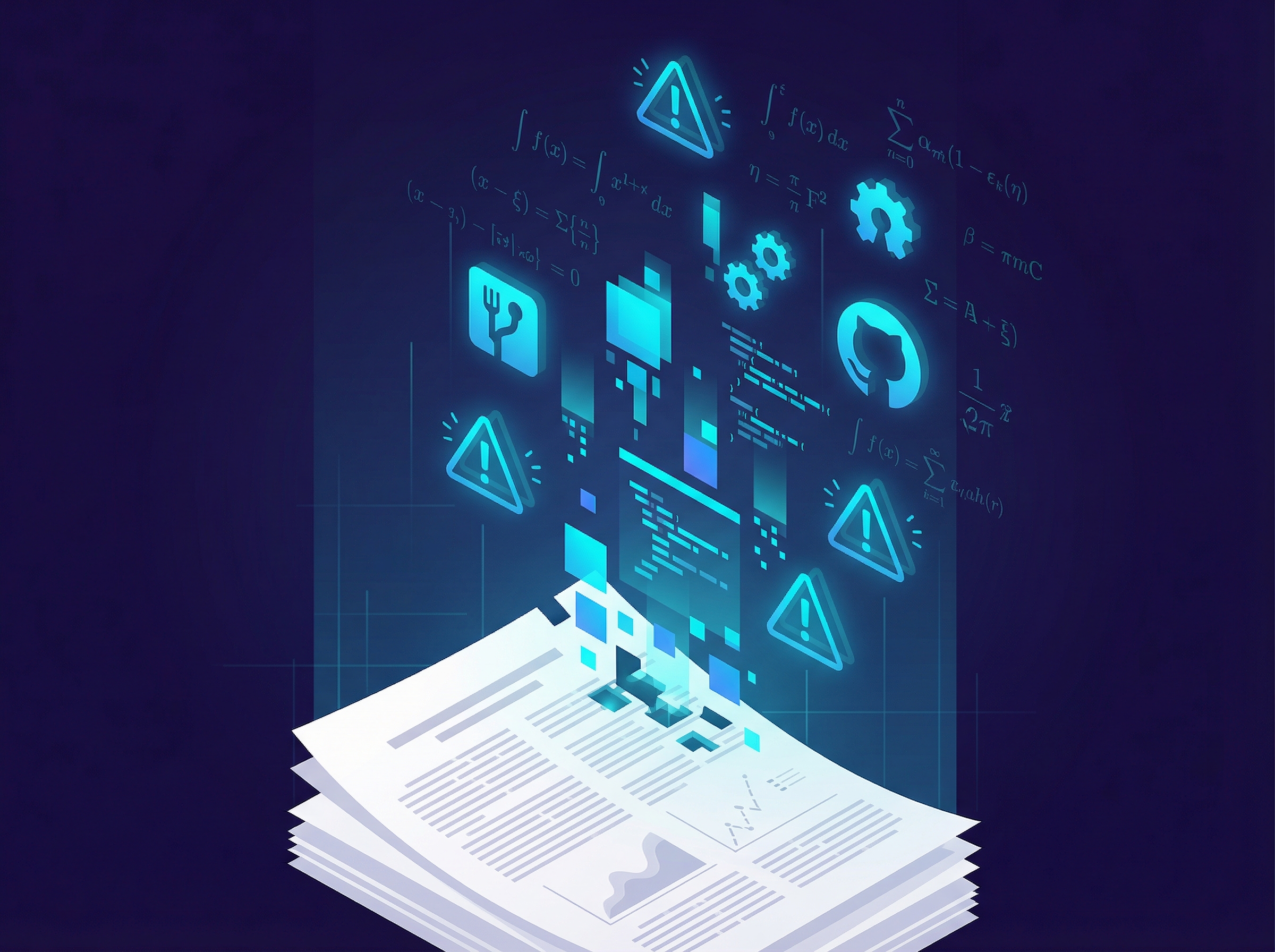 Academic research paper dissolving into algorithmic fragments among open source repository icons