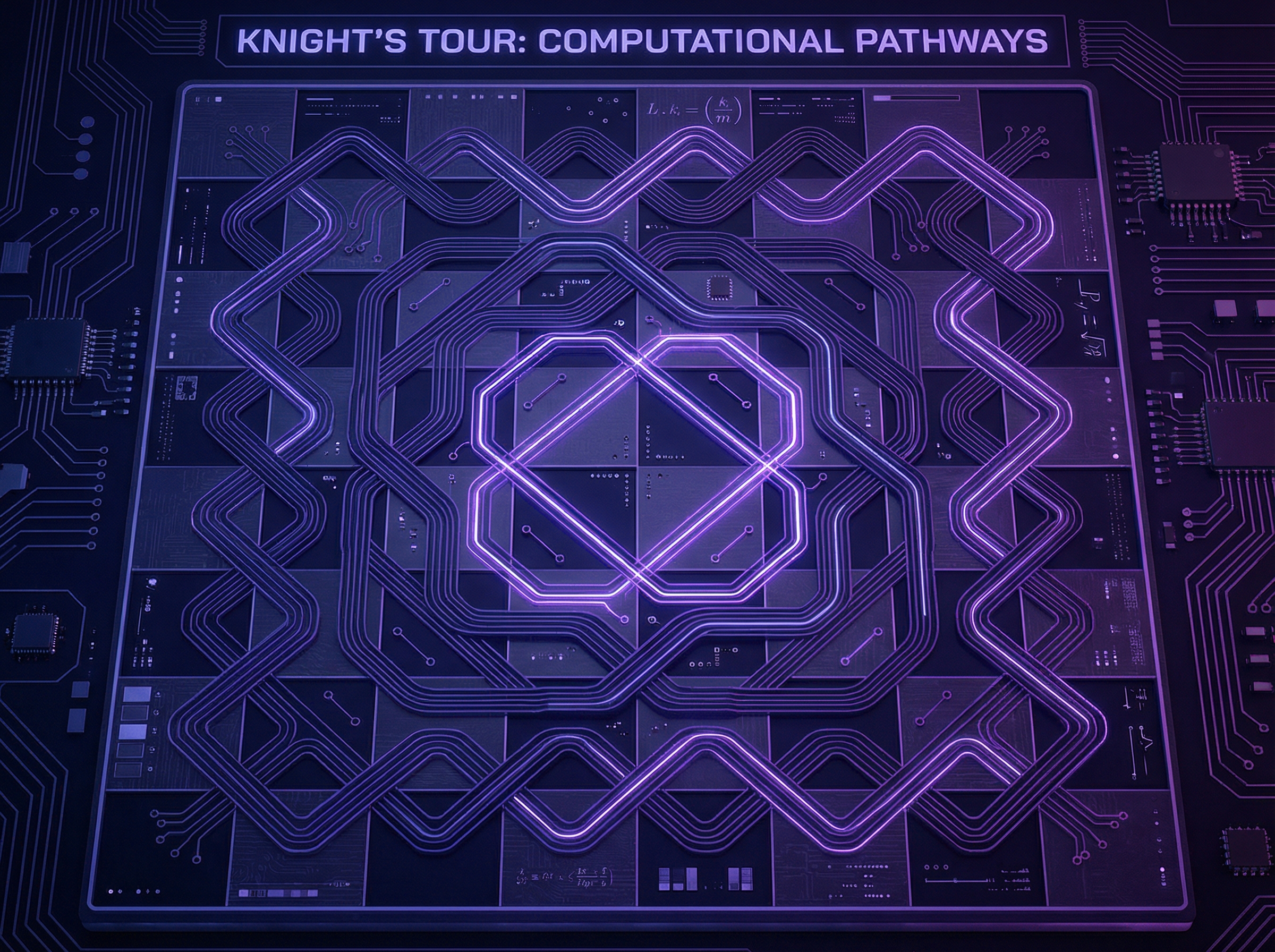 Geometric knight's tour pattern rendered as a glowing circuit board with indigo traces