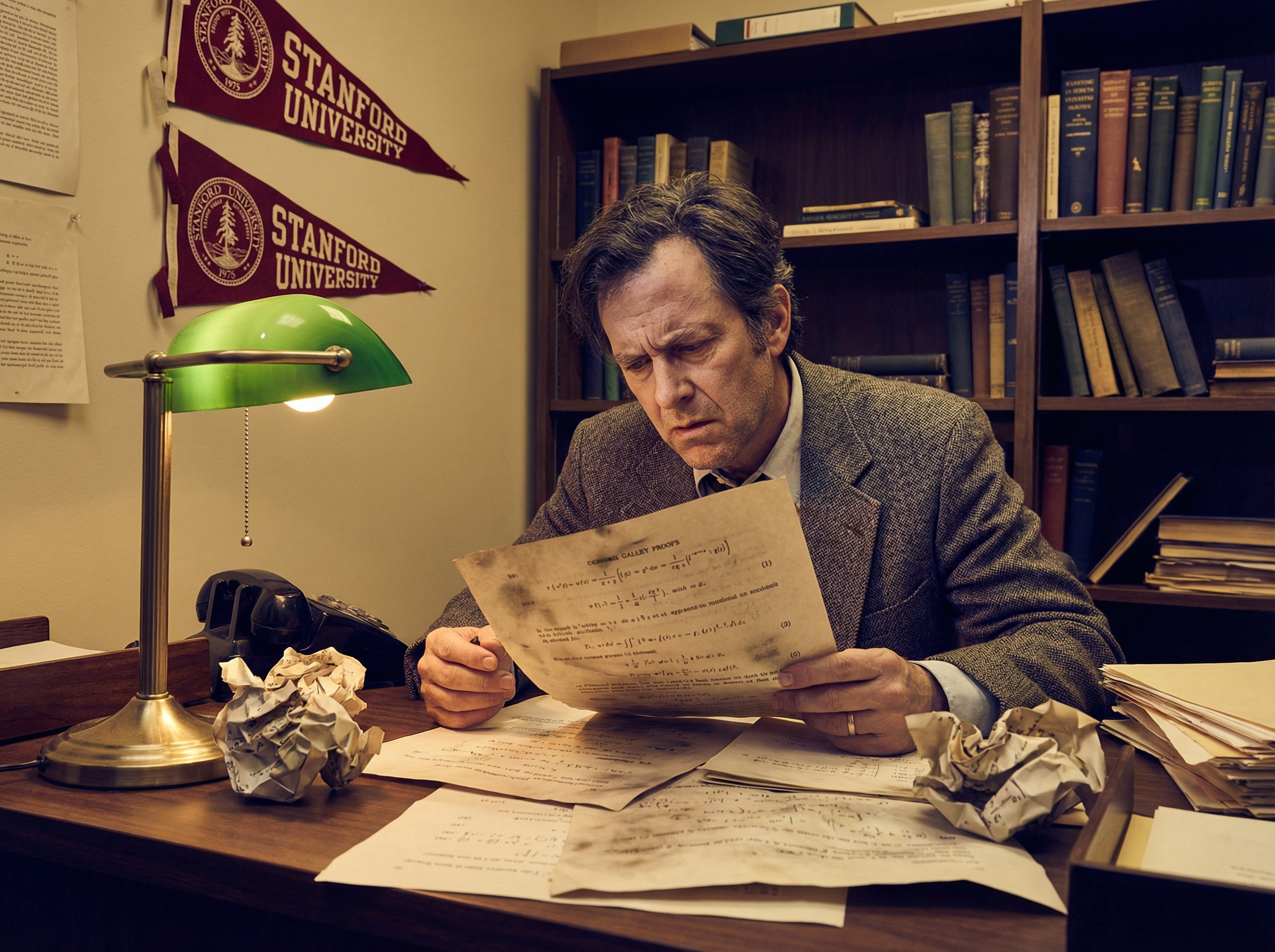 A professor examining typeset proofs under a desk lamp in a 1970s Stanford office