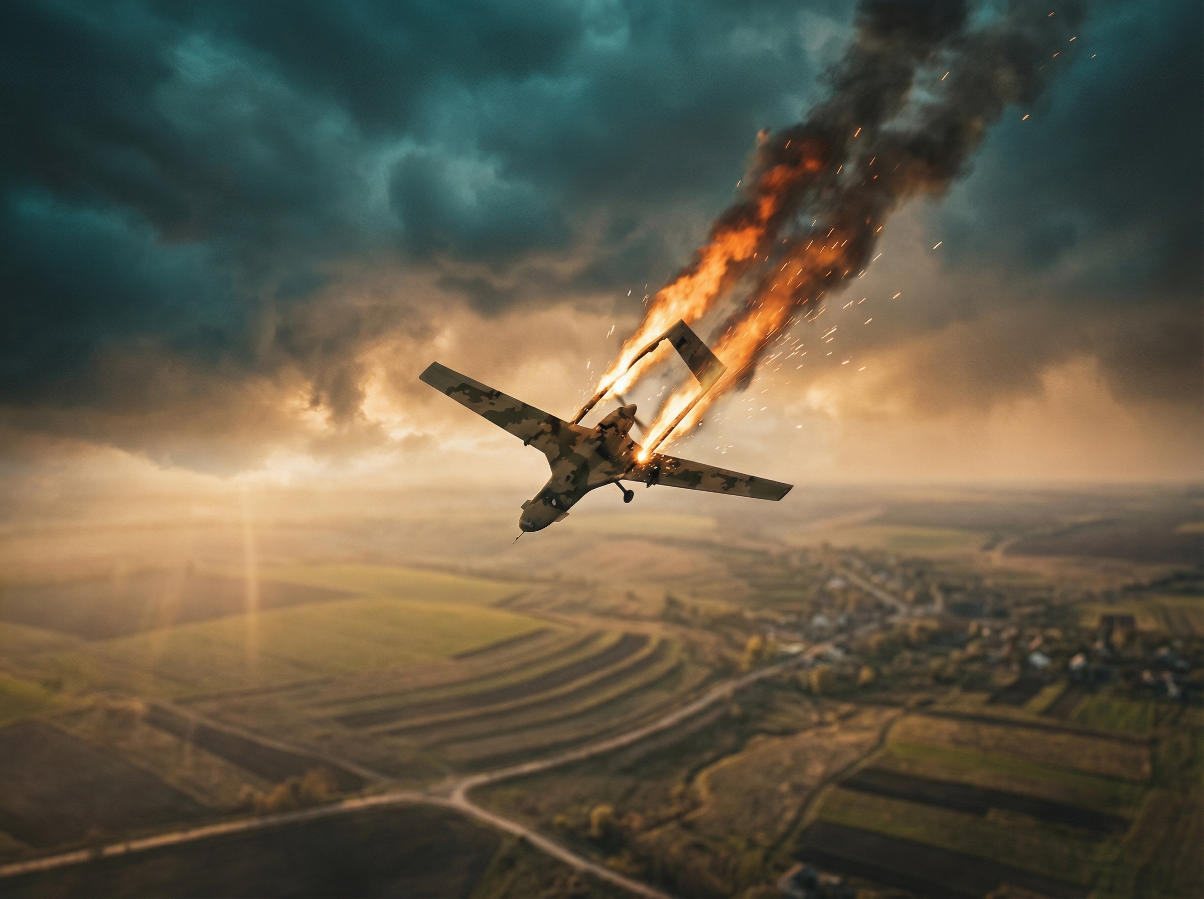 Surveillance drone falling through clouds trailing smoke over Ukrainian landscape