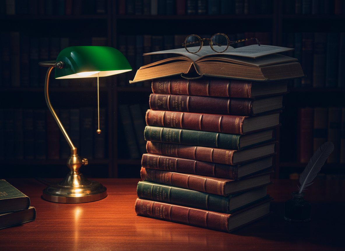 Stack of scholarly historical volumes on a desk under warm lamp light