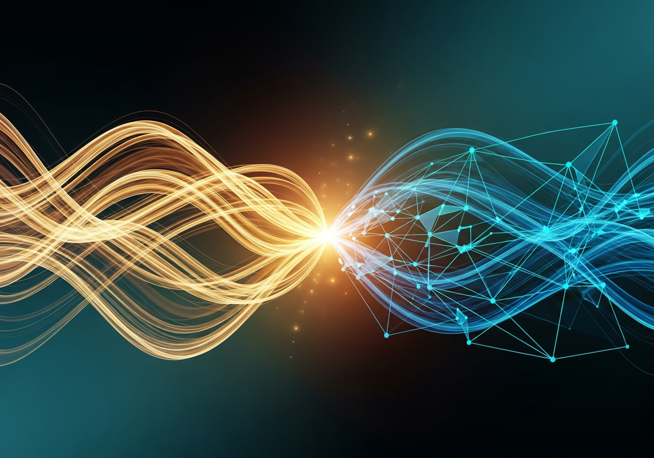 Abstract visualization of language as flowing streams of light converging