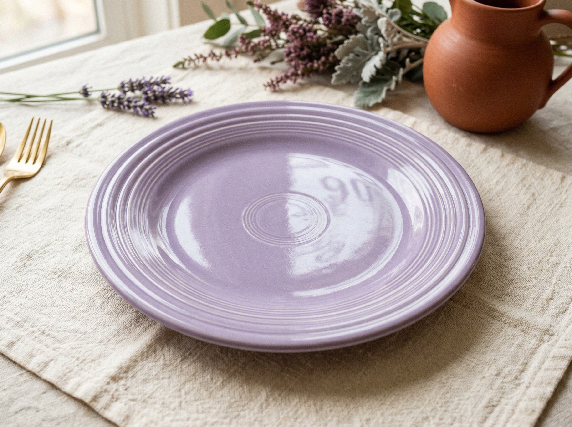 A single Fiesta plate in the new Lavender color, a serene botanical purple with concentric Art Deco rings