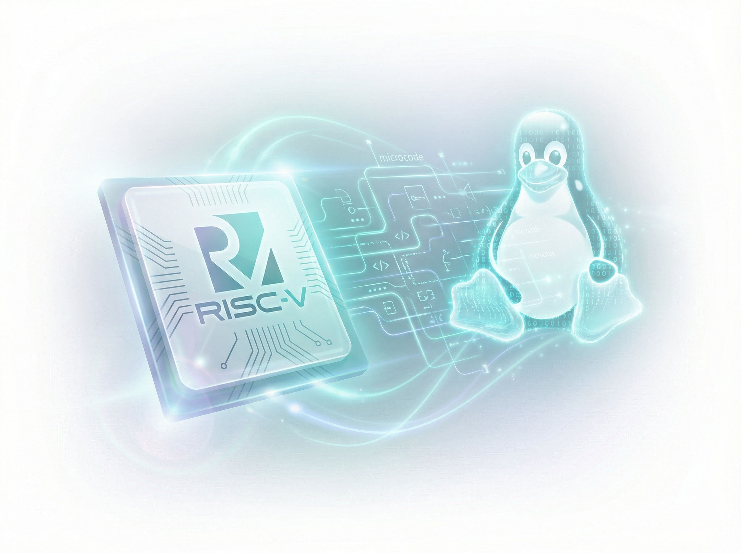 RISC-V processor chip with Linux penguin emerging from microcode patterns