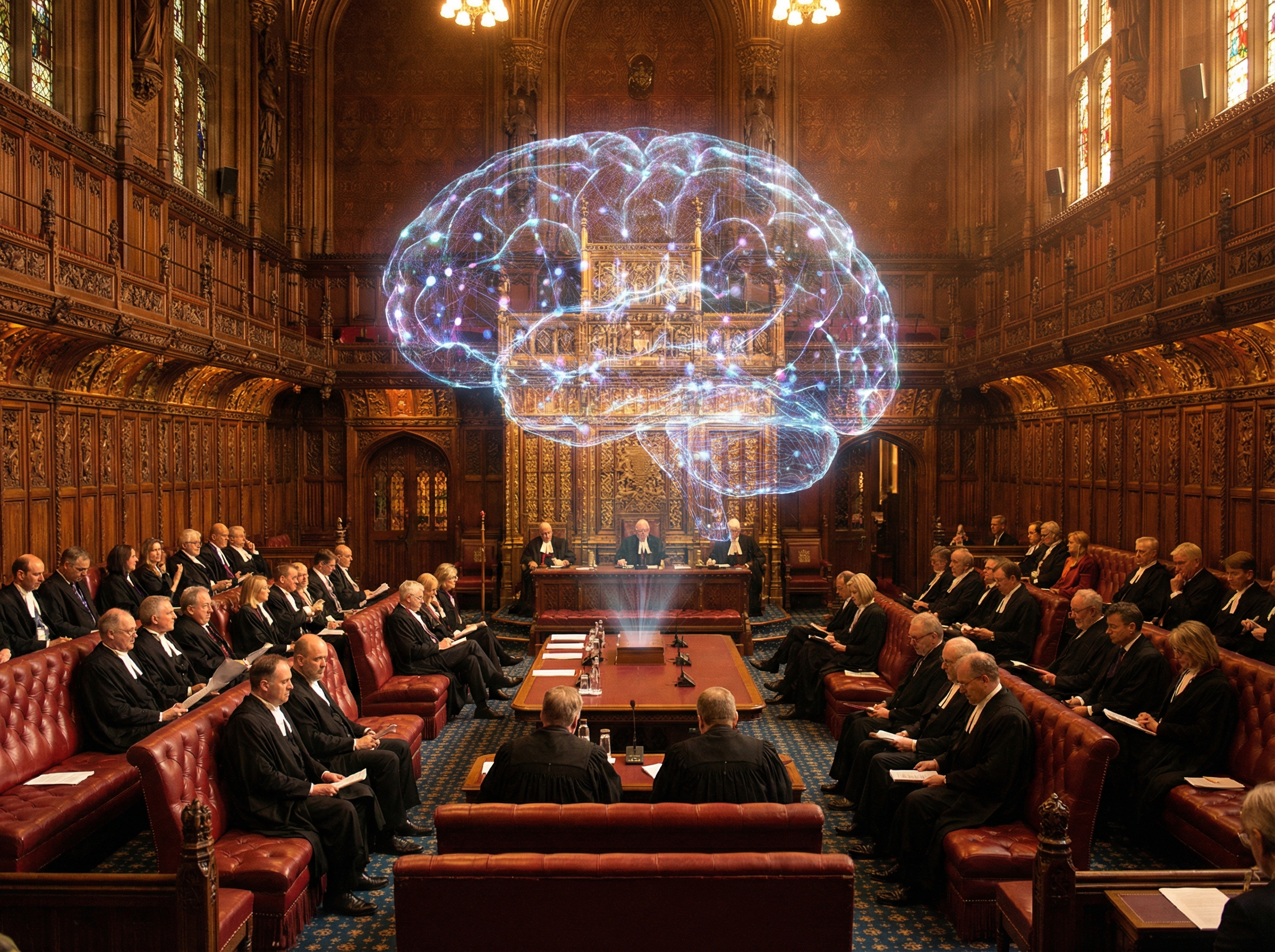 The ornate UK House of Lords chamber with a holographic AI neural network hovering above the central table