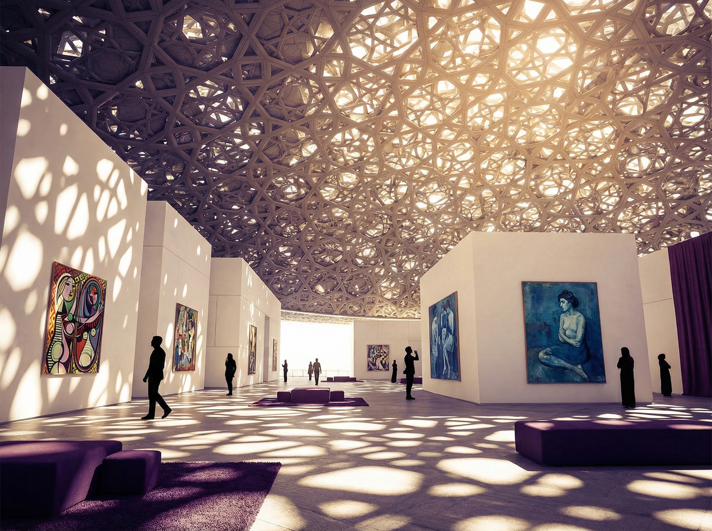 Interior of Louvre Abu Dhabi with geometric dome casting light patterns over Picasso exhibition