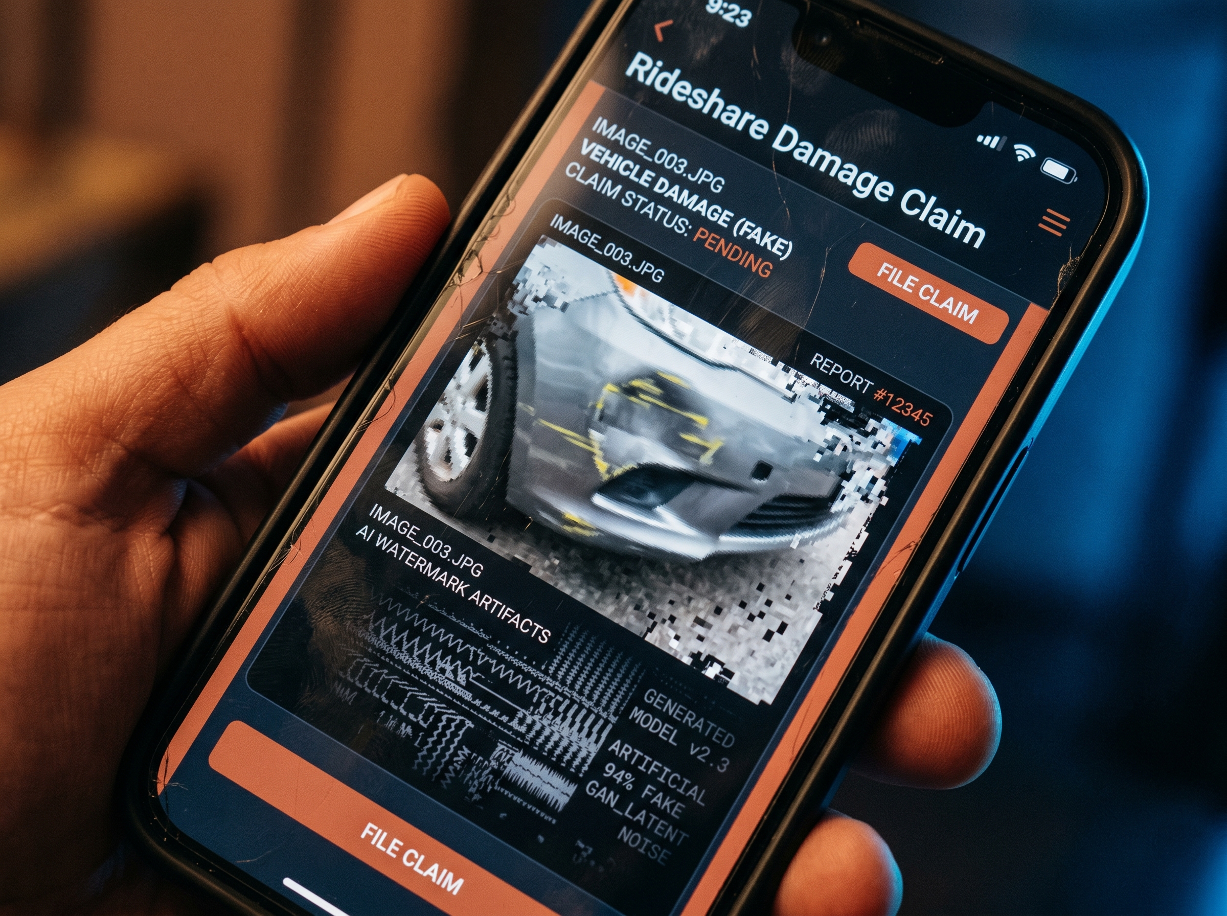 A smartphone showing a rideshare damage claim photo glitching at the edges, revealing AI artifacts beneath