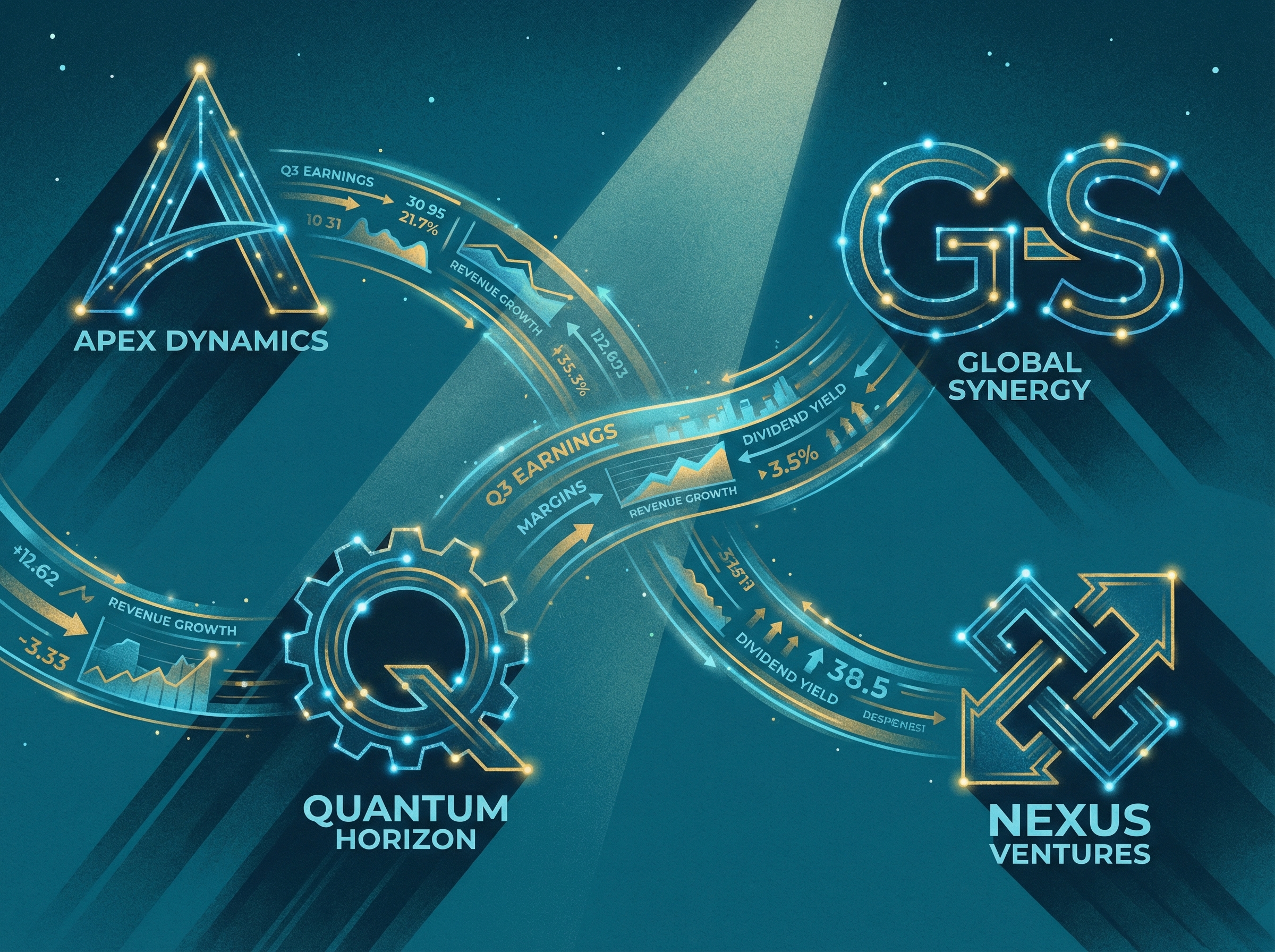 Four illuminated corporate constellations connected by earnings data streams against a teal sky