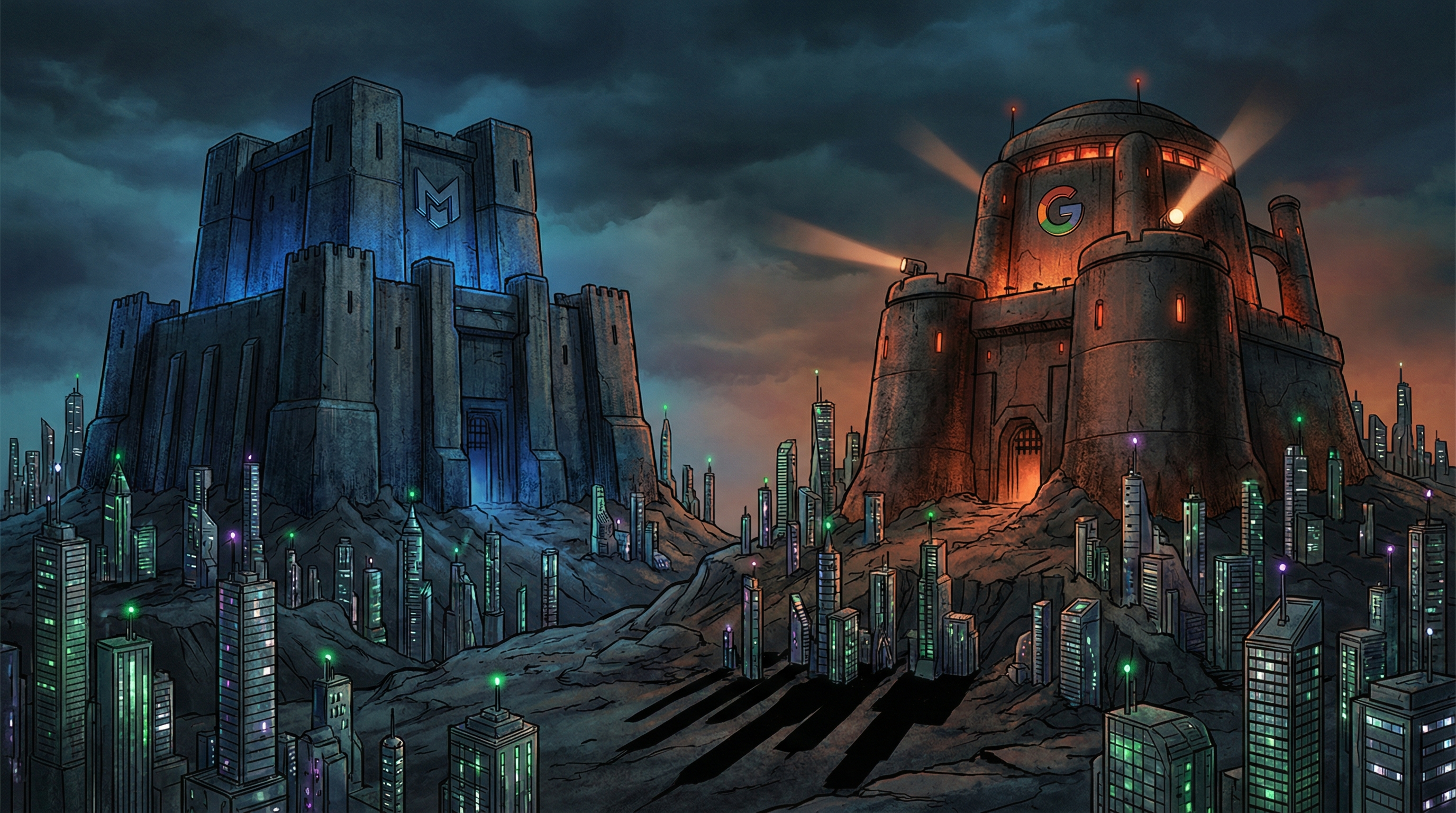 Two fortresses representing Microsoft and Google standing firm while vertical AI startups multiply around them