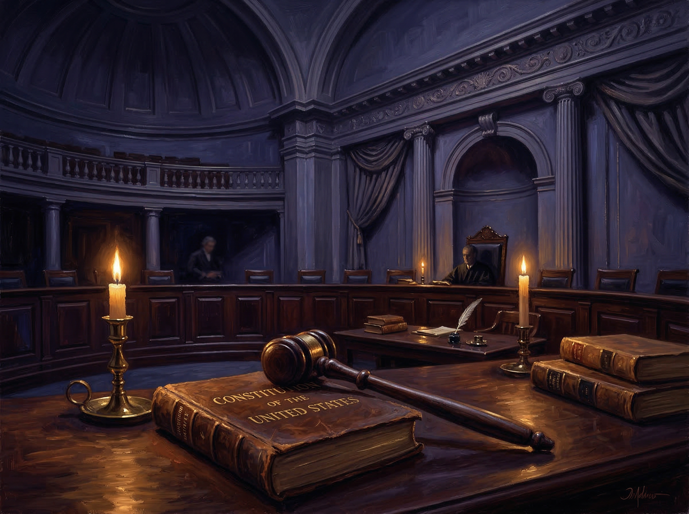 The early Supreme Court chamber, gavel resting on the Constitution