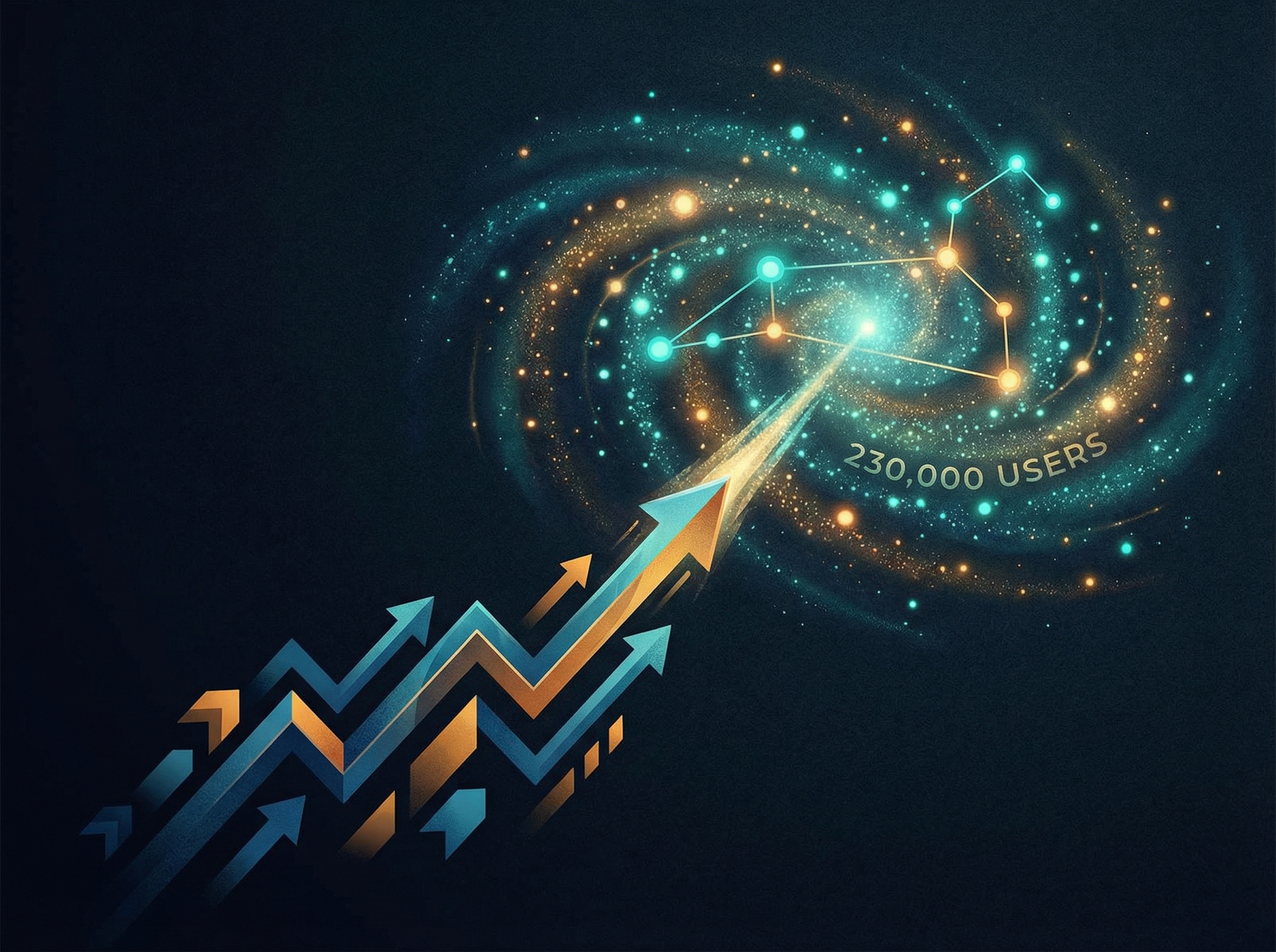 Growth chart with glowing particles representing 230,000 users