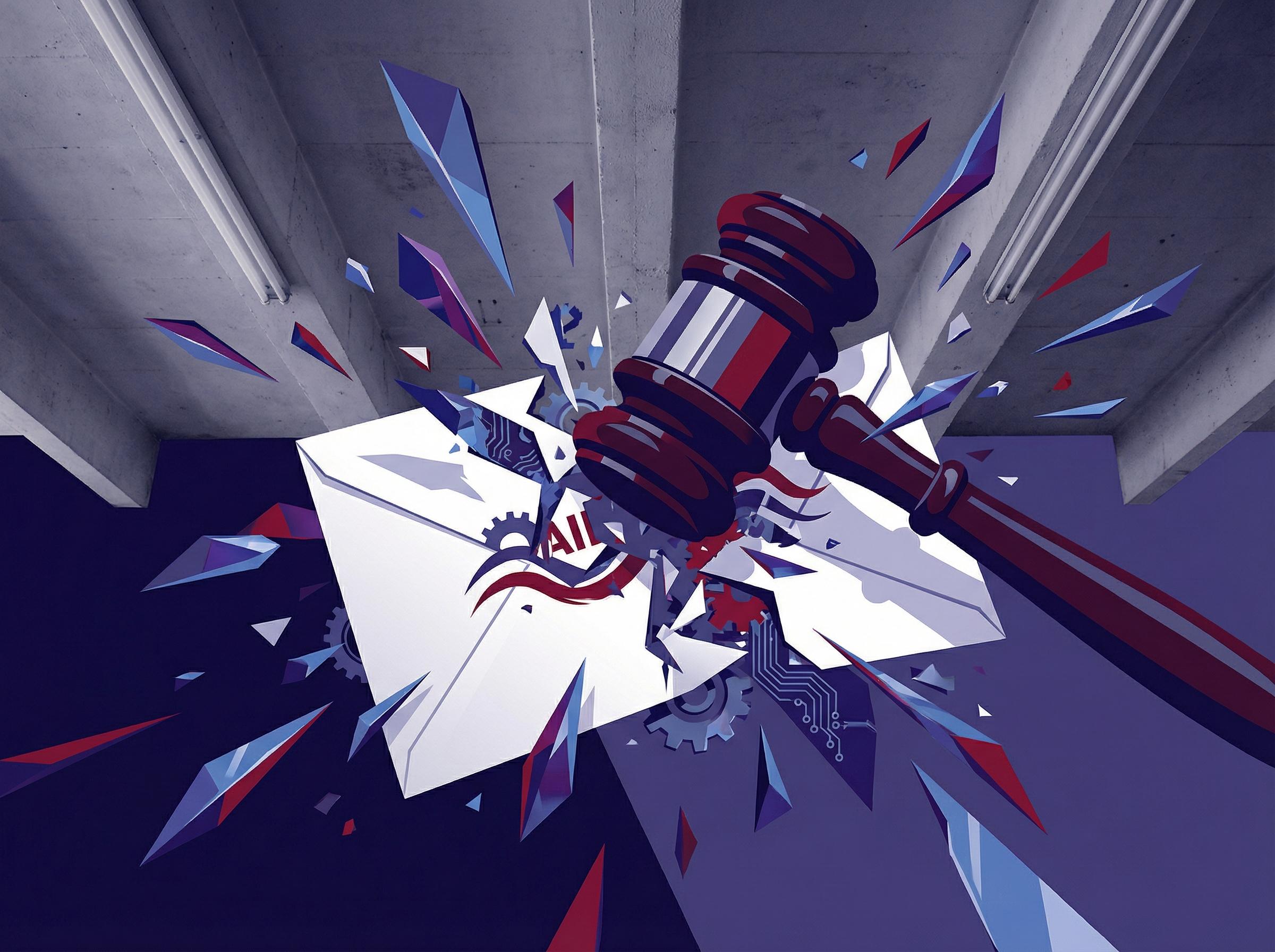 Abstract visualization of a legislative gavel shattering a mail-in ballot