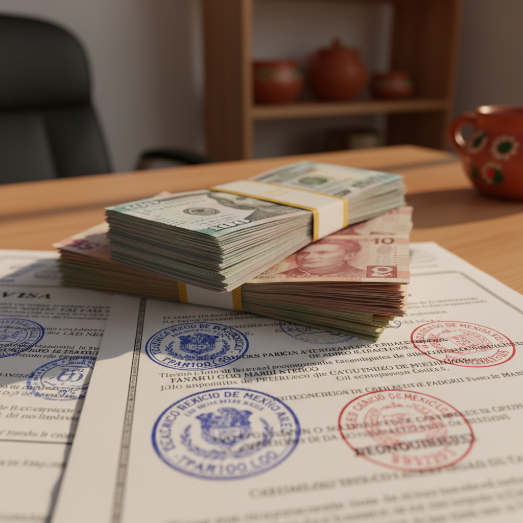 Mexican pesos and US dollars on visa documents