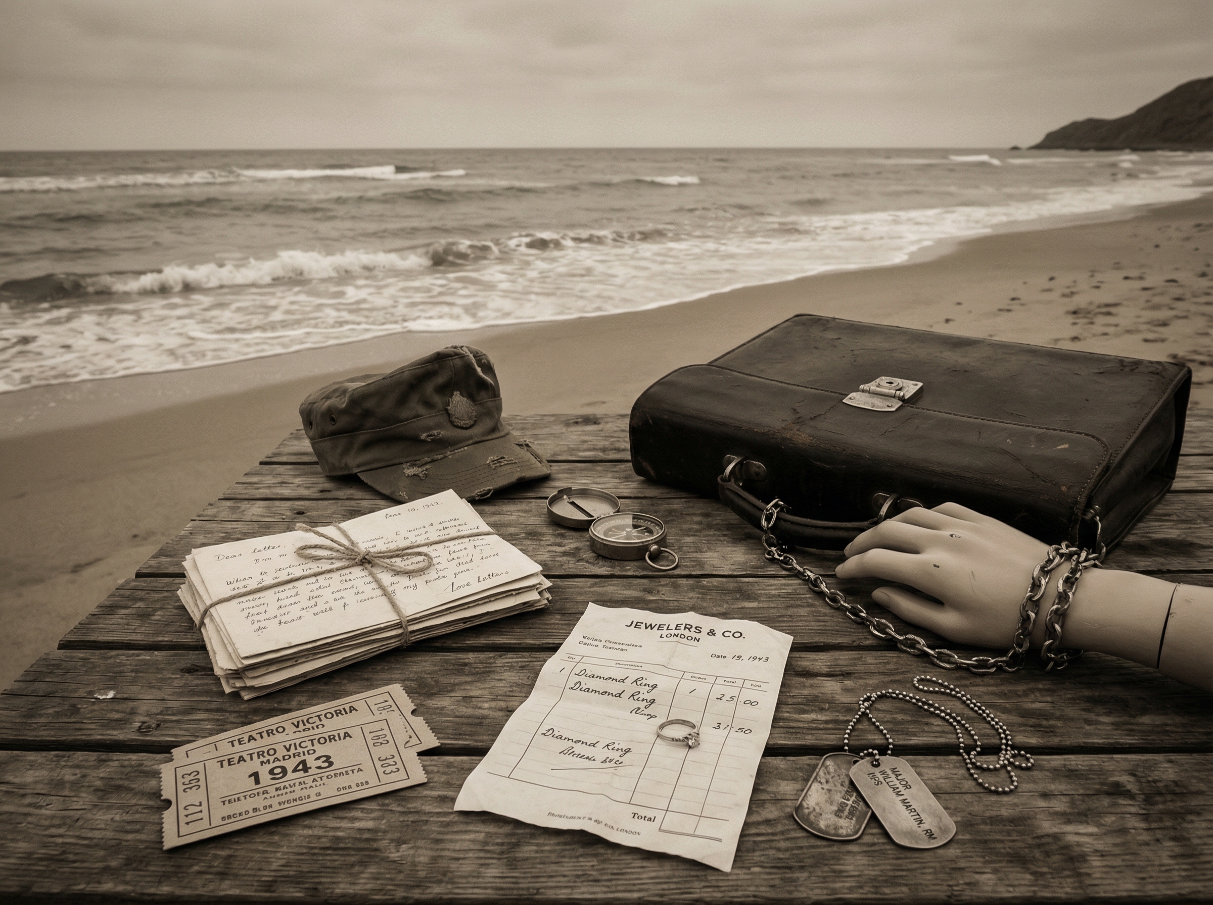 Military officer's personal effects laid out on a Spanish beach — love letters, theater tickets, and a chained briefcase
