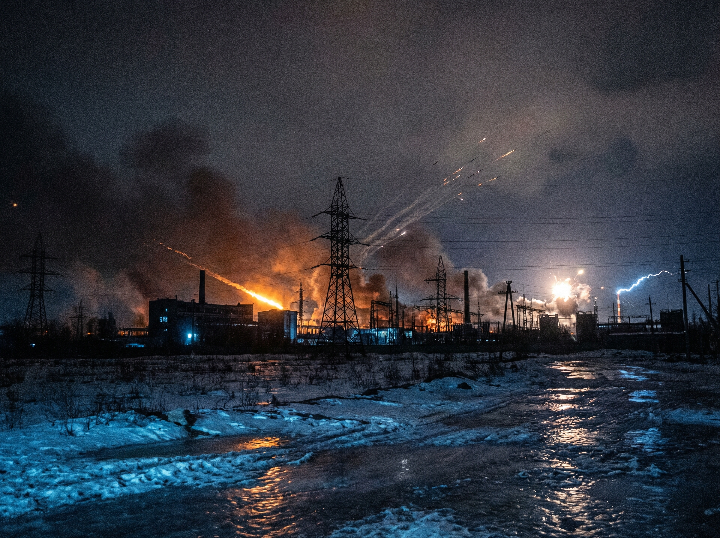 Missile and drone attack illuminating a frozen Ukrainian skyline at night