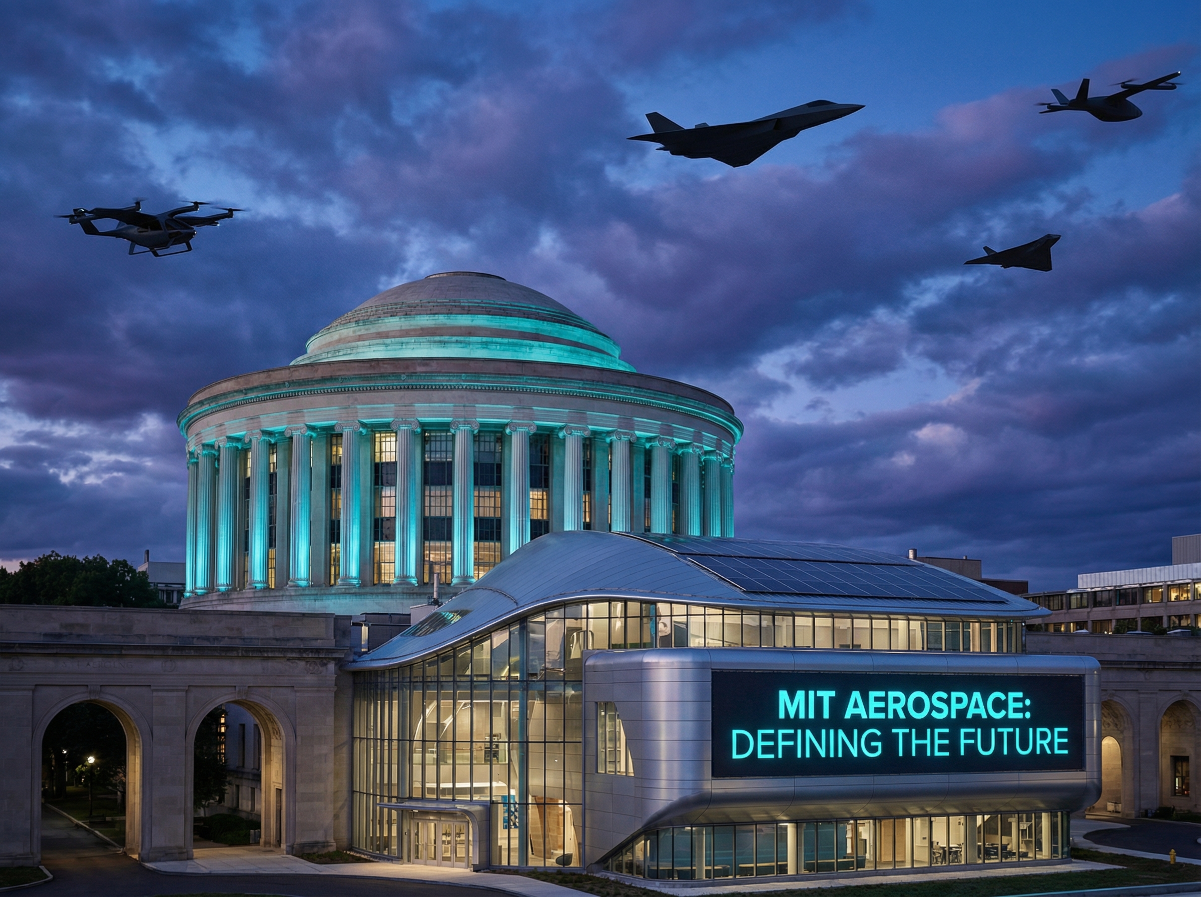 MIT campus dome with futuristic aircraft silhouettes