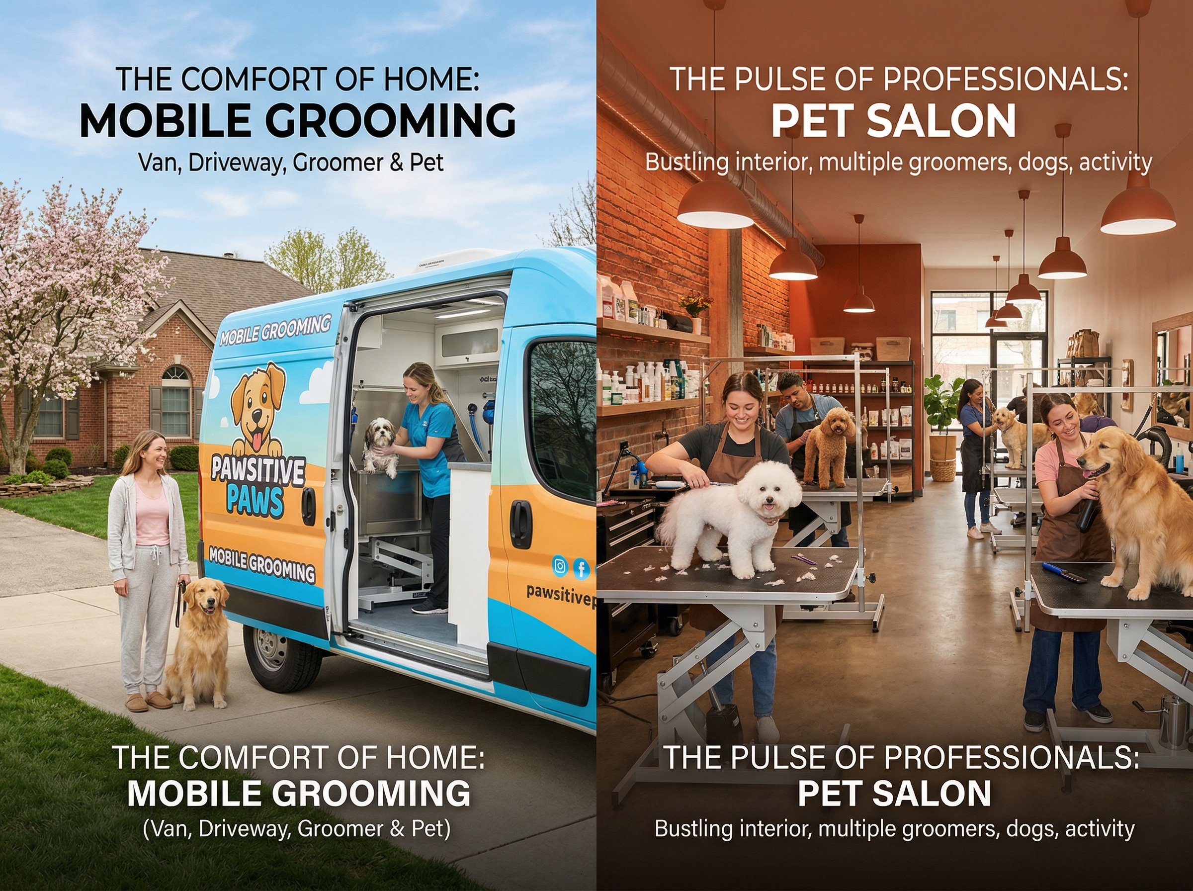 Split view comparing a mobile grooming van in a driveway with a busy pet salon interior