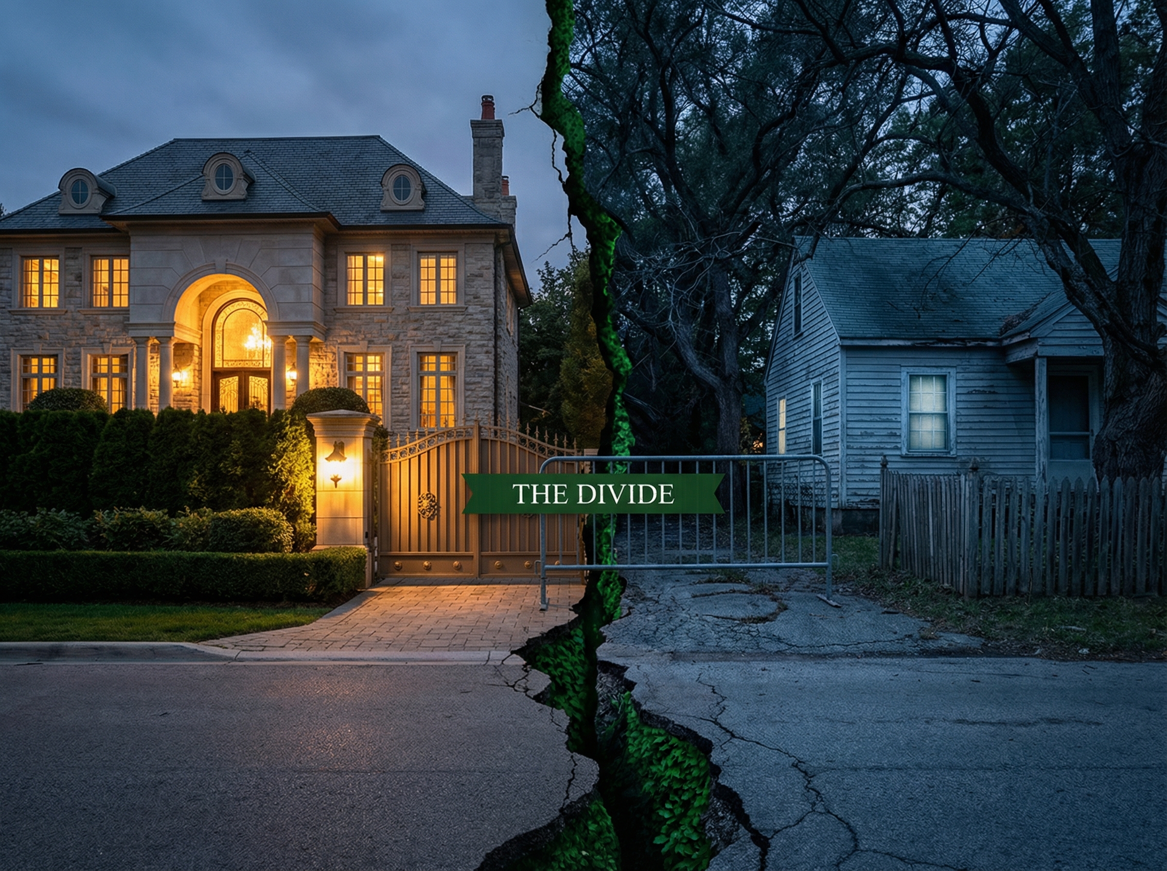 A child reaching toward a ladder of neighborhoods ascending from modest to gleaming