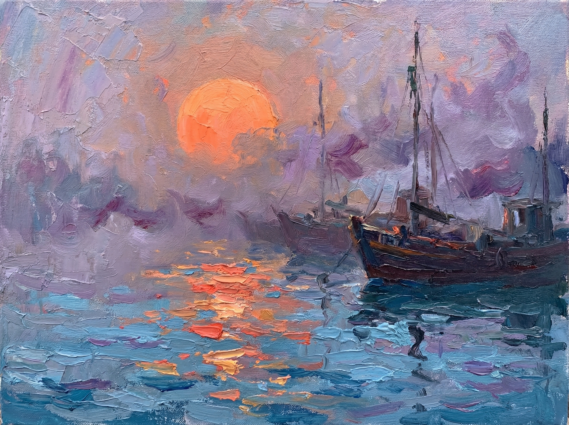 Misty harbor at sunrise with shimmering reflections, in impressionist style