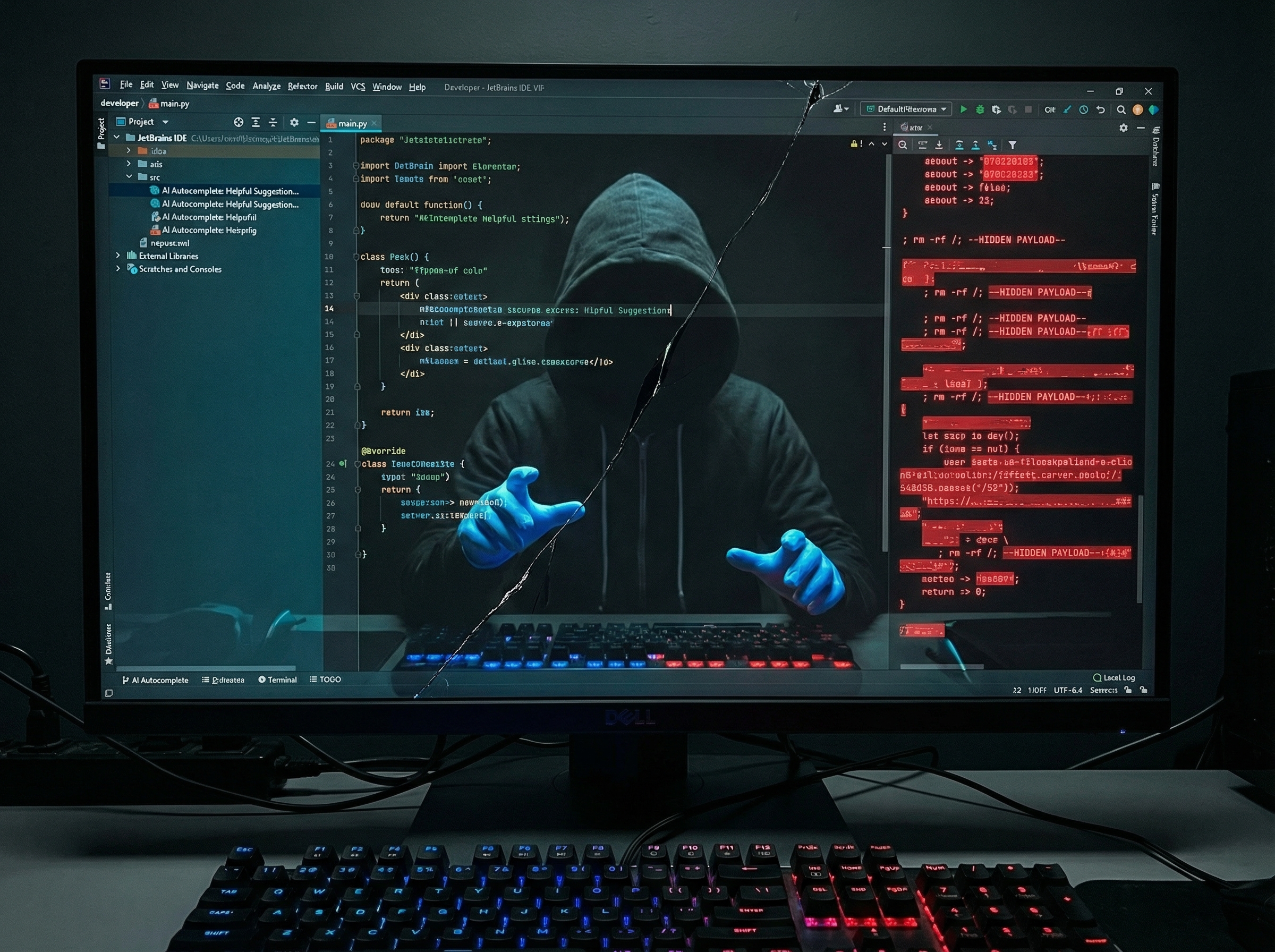 A crumbling golden DeFi vault with digital coins spilling through glowing red cracks, lines of AI code scrolling across the walls