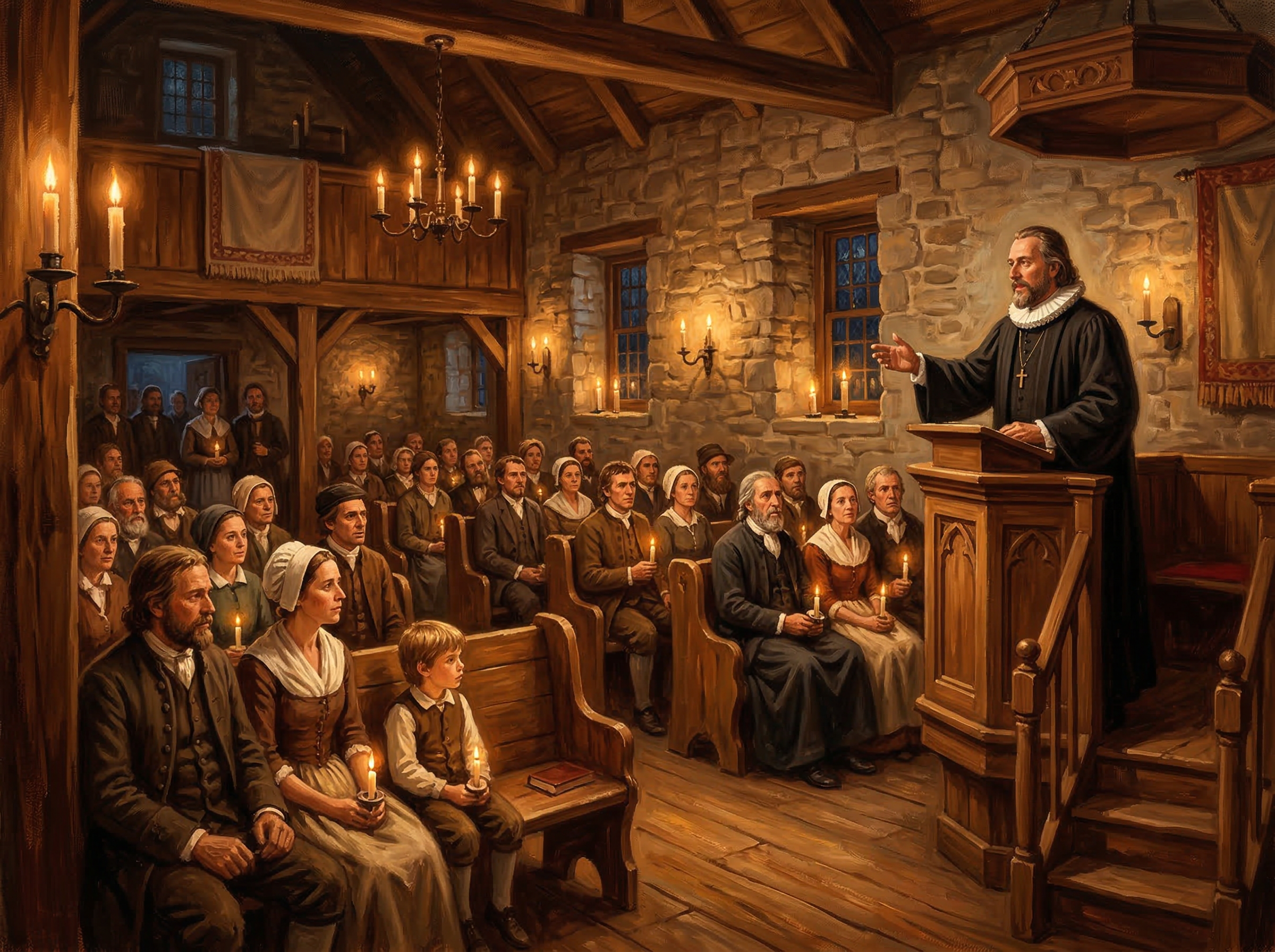Candlelit Moravian congregation gathered in a stone chapel in colonial Pennsylvania