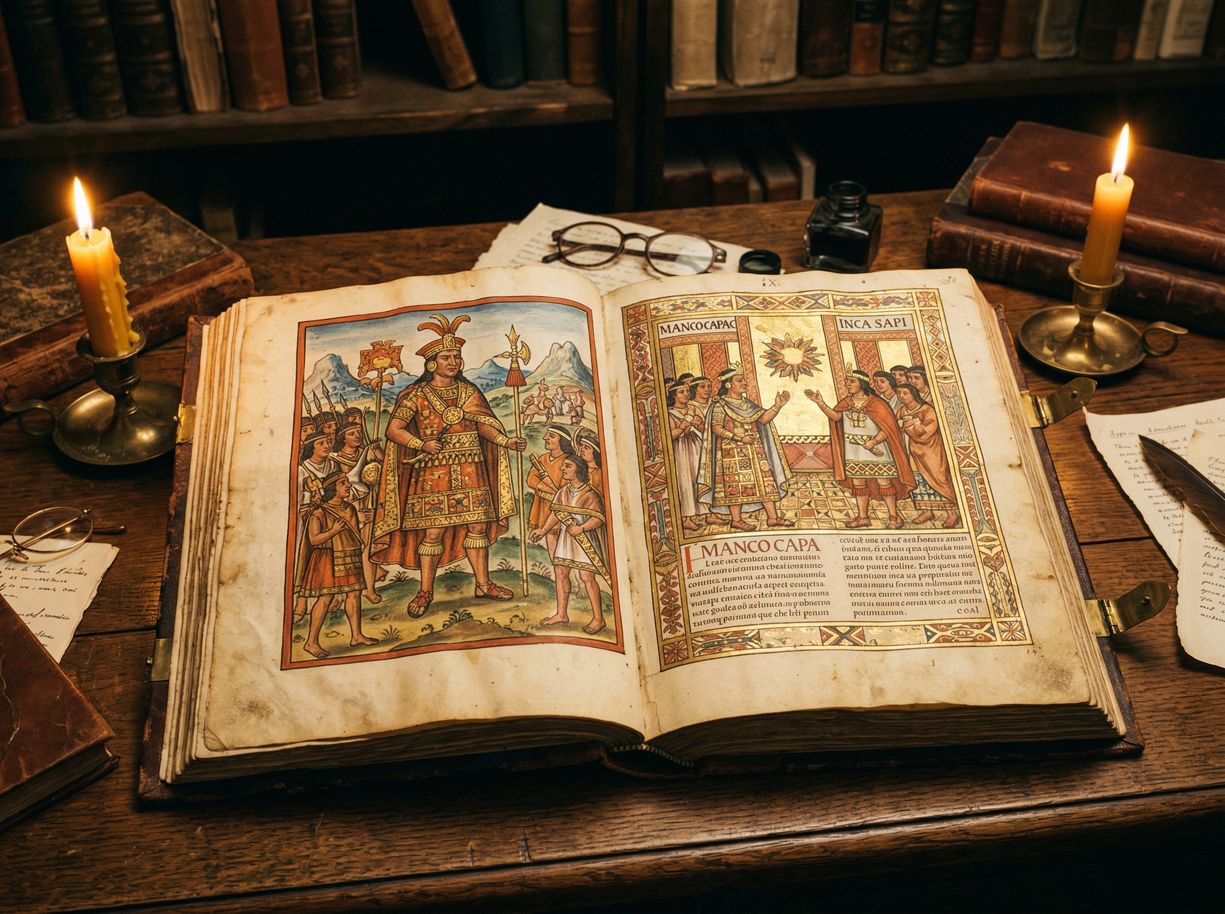 Illuminated manuscript pages showing colorful illustrations of Inca rulers