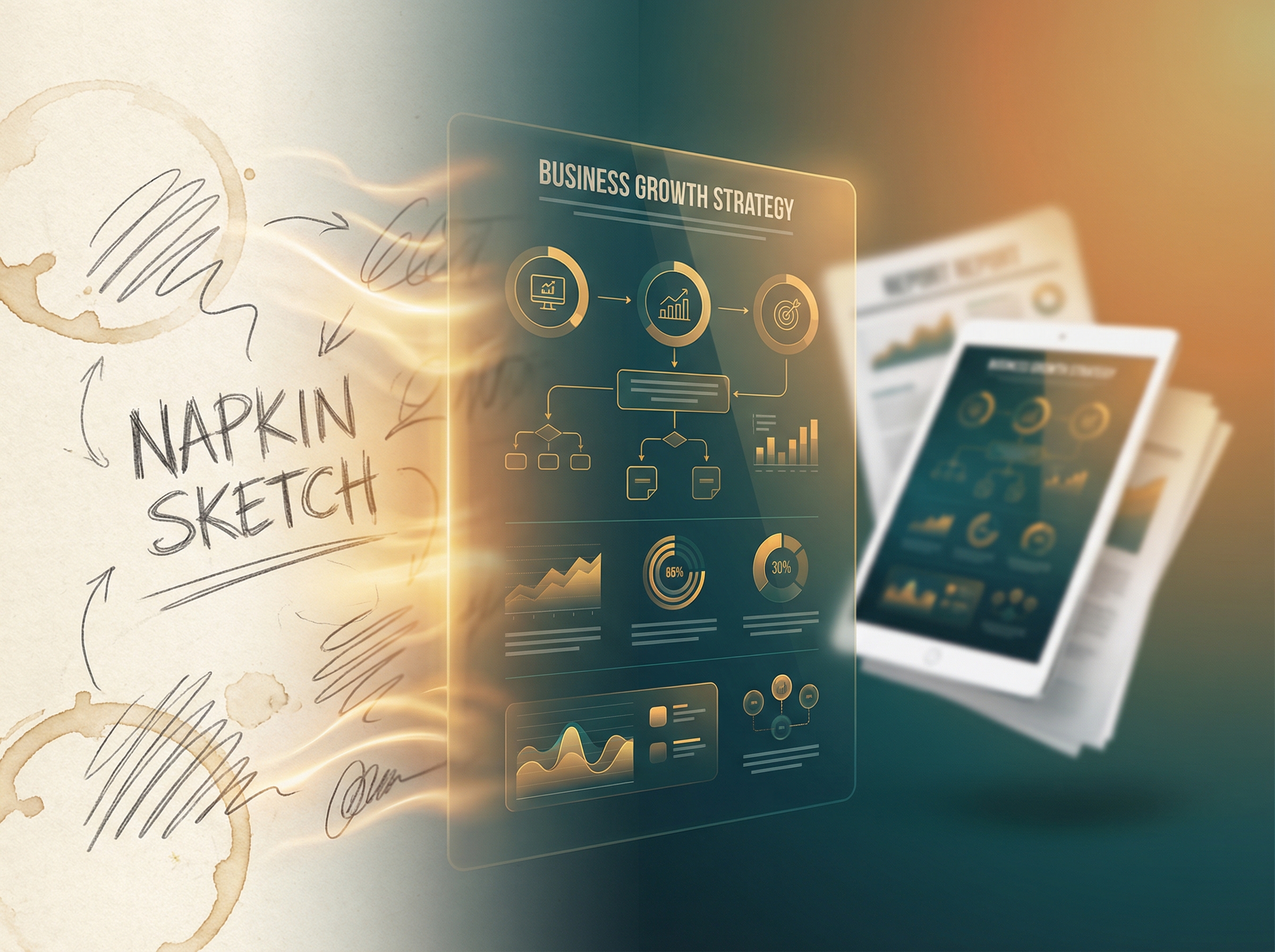 Napkin sketch transforming into digital infographic