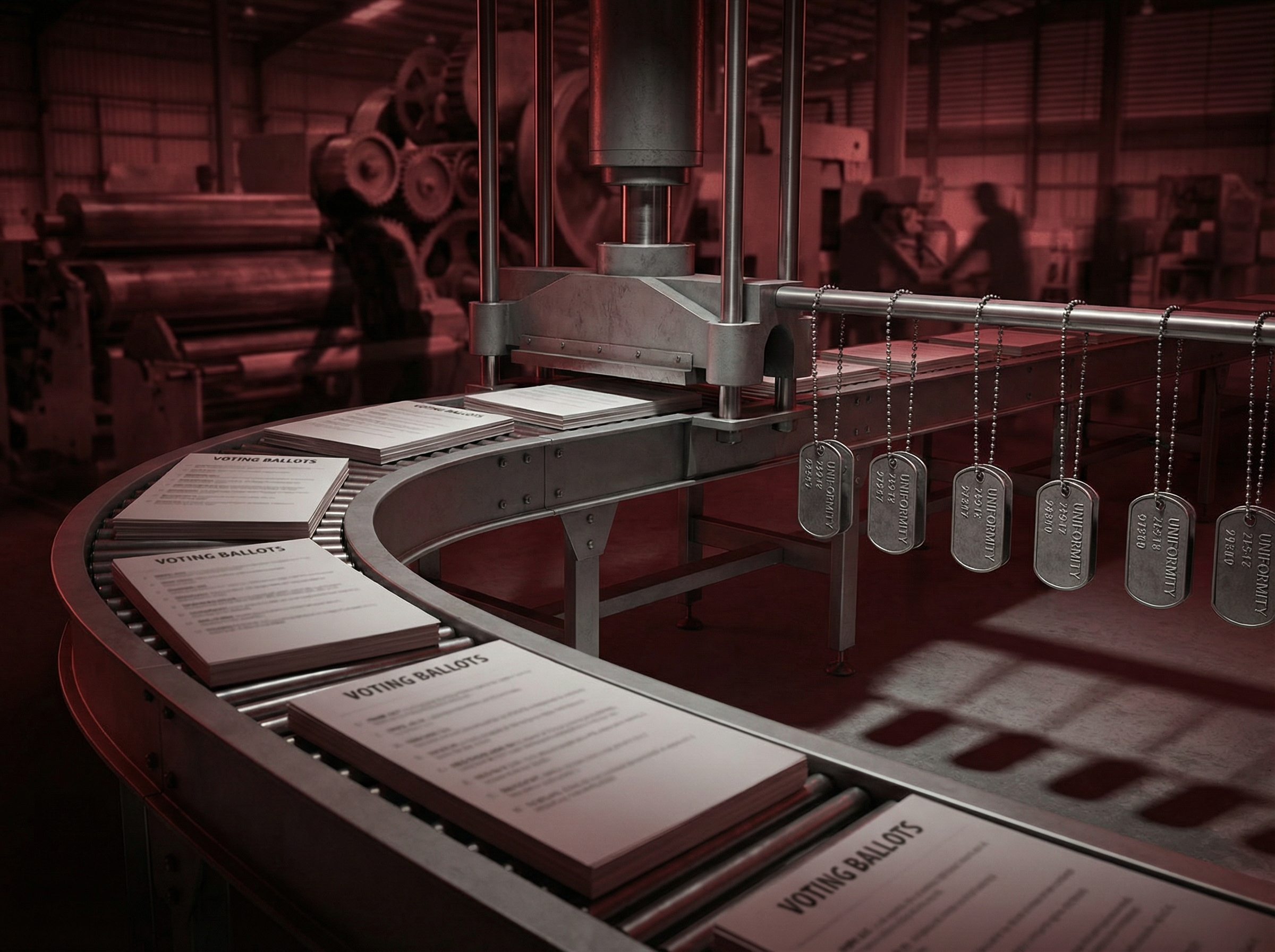 Voting ballots transforming into military dog tags on a conveyor belt