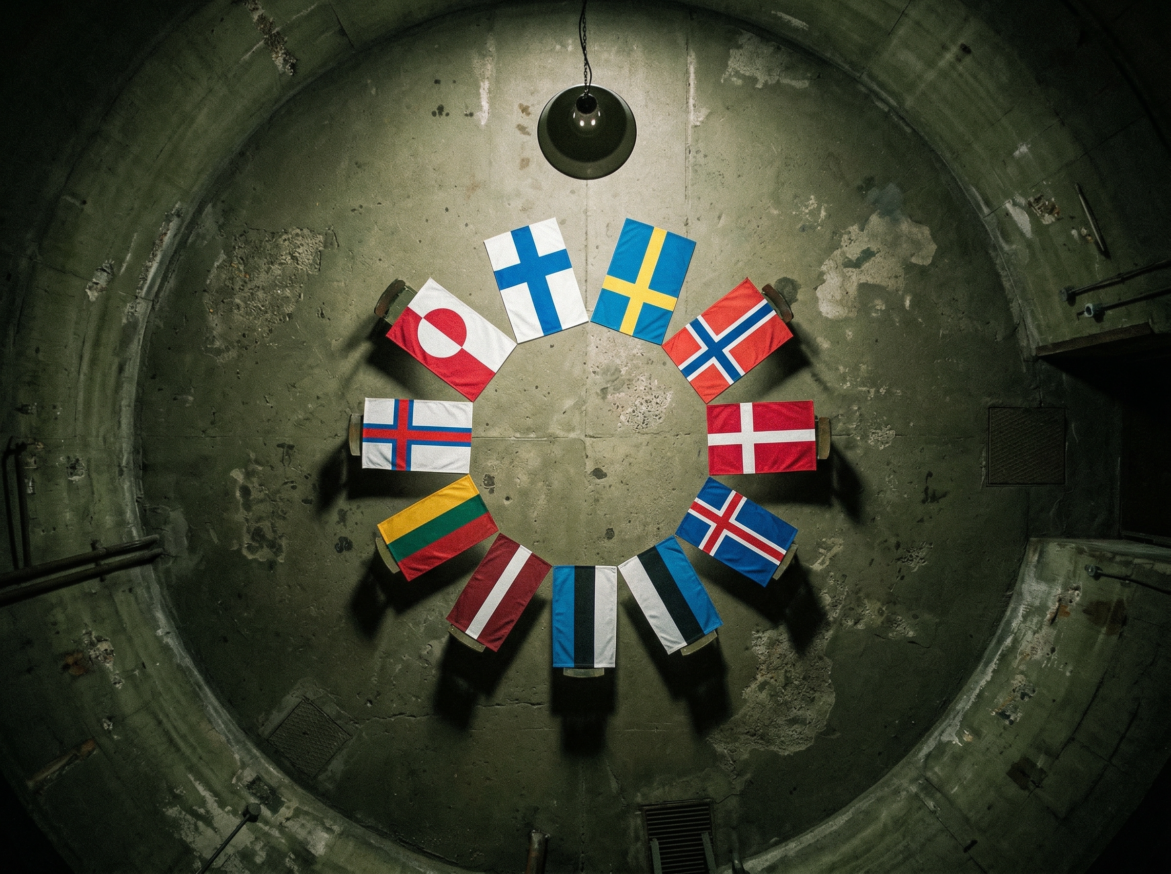 Nordic and Baltic national flags arranged in a circle on a concrete bunker floor