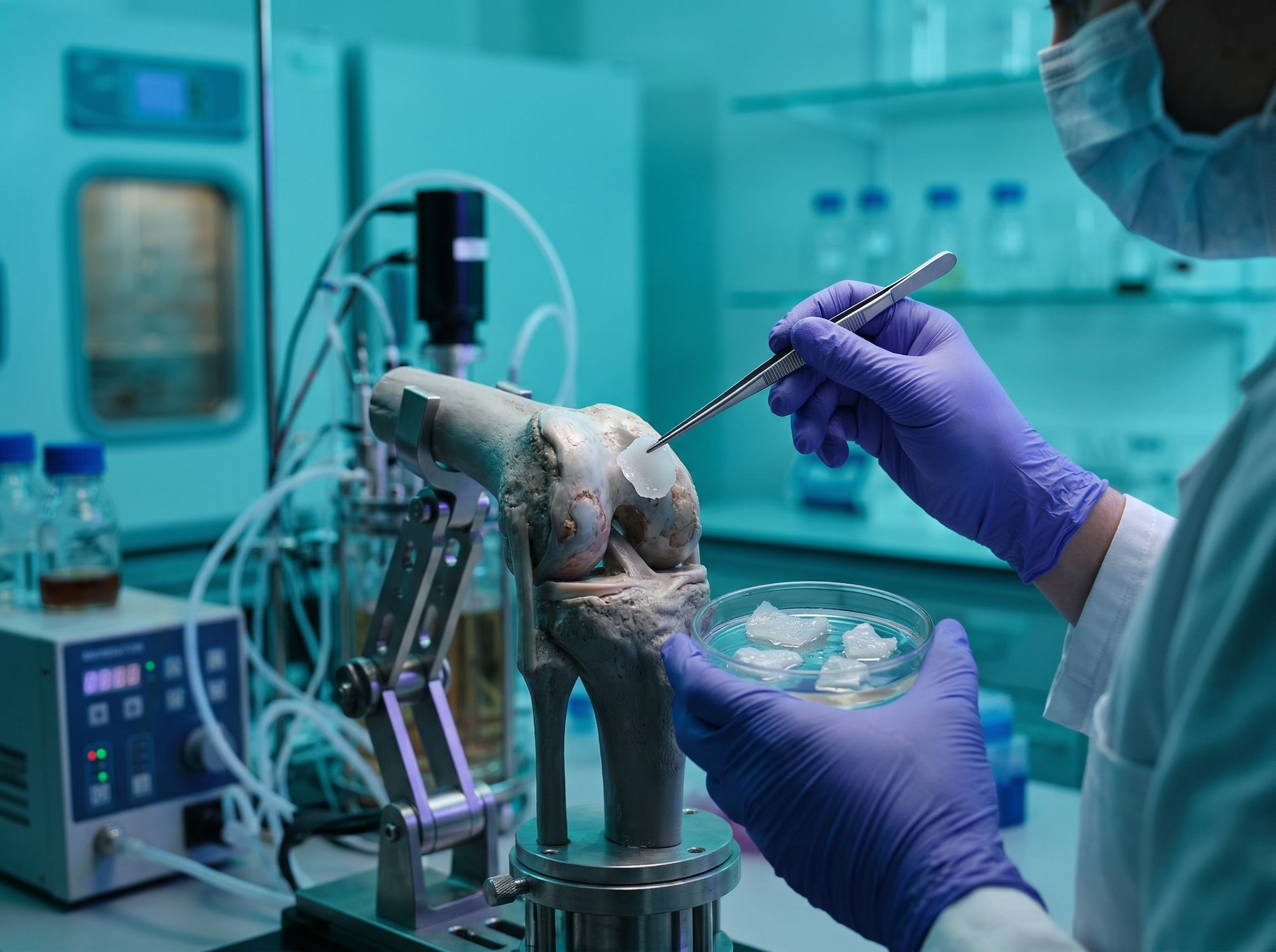 Nasal cartilage tissue being bioengineered for knee joint repair in a laboratory setting