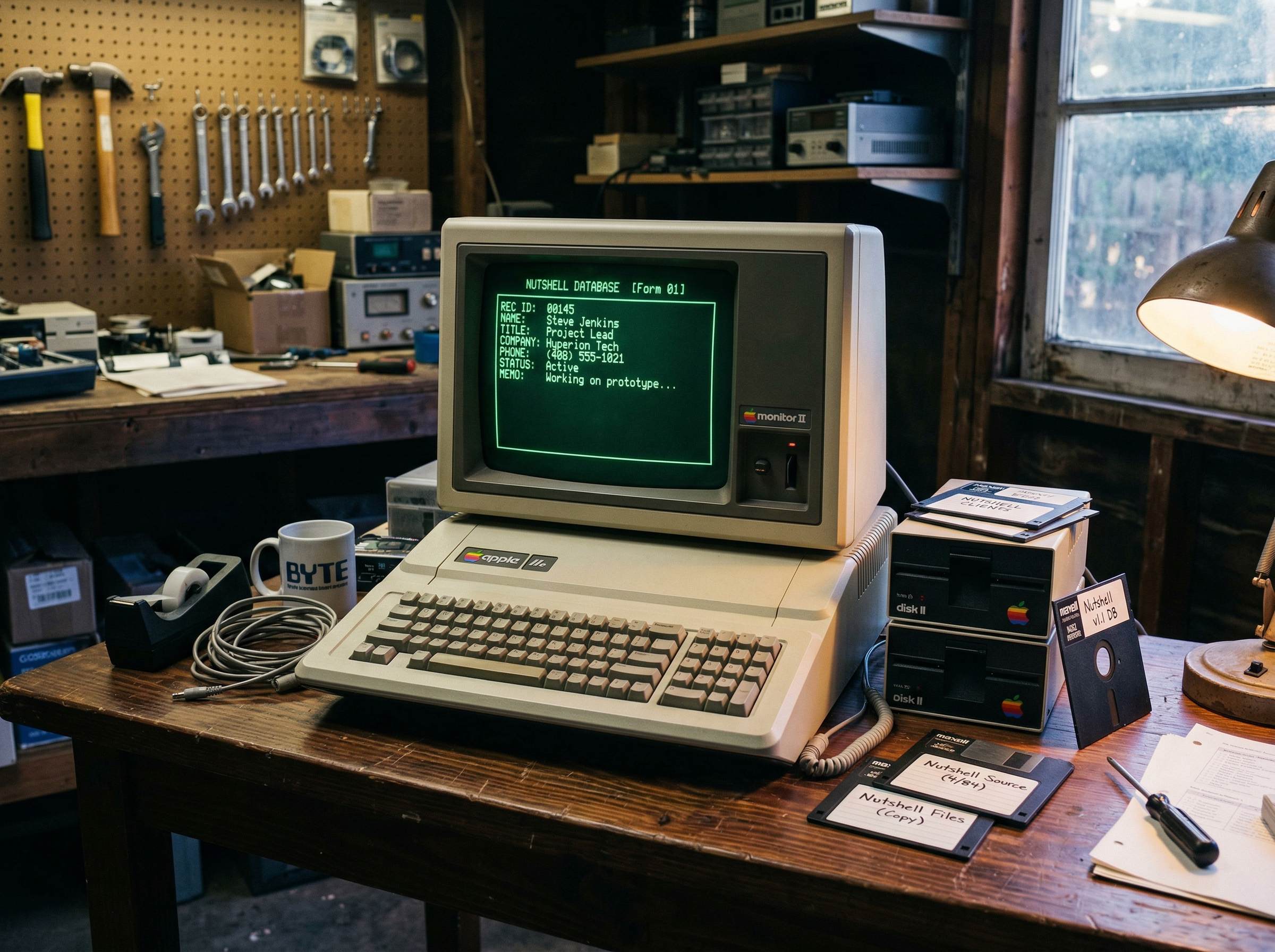 Vintage Apple II computer displaying an early database form, evoking the birth of FileMaker