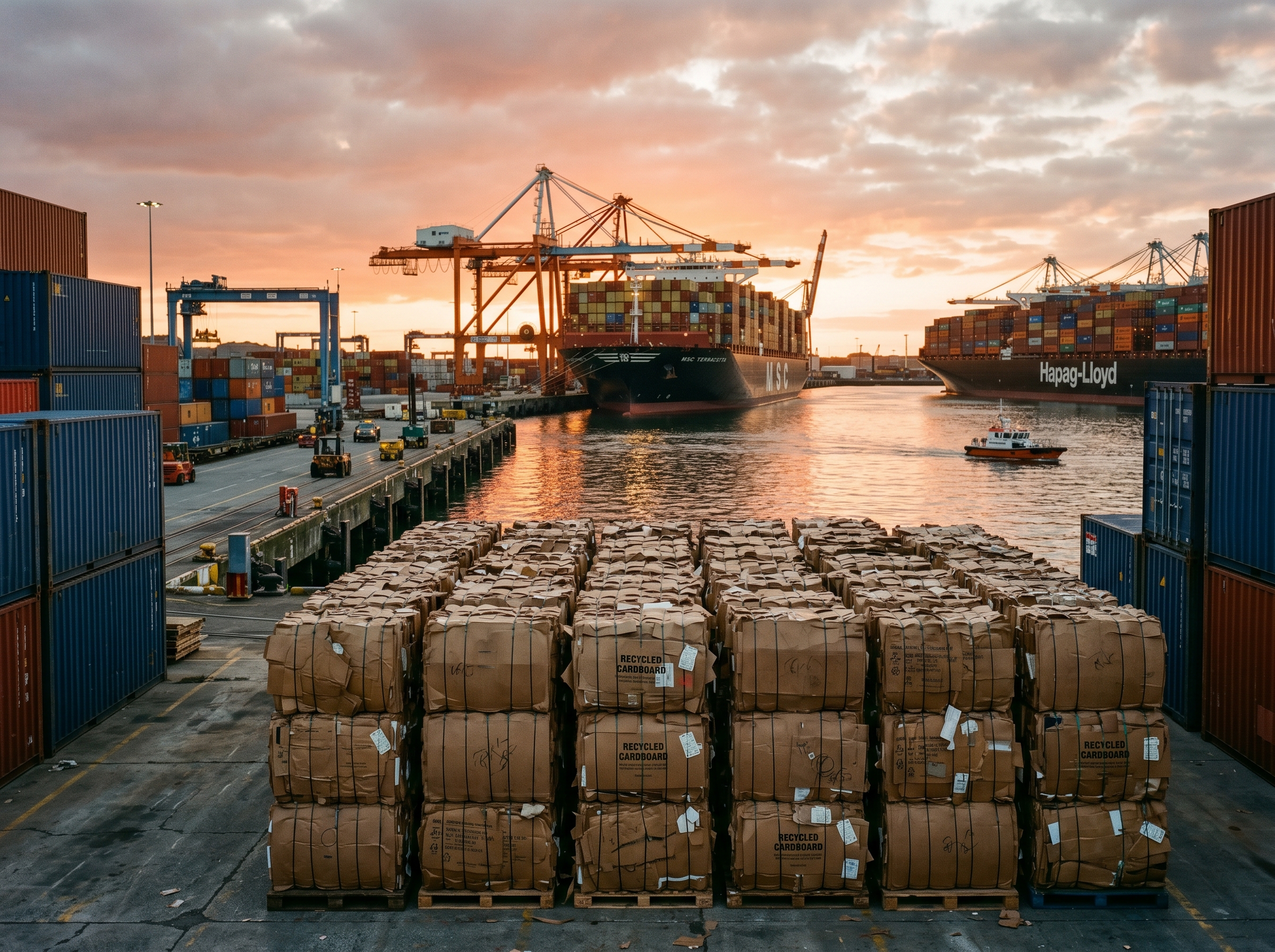 Bales of recycled cardboard at a shipping port with container ships in the background