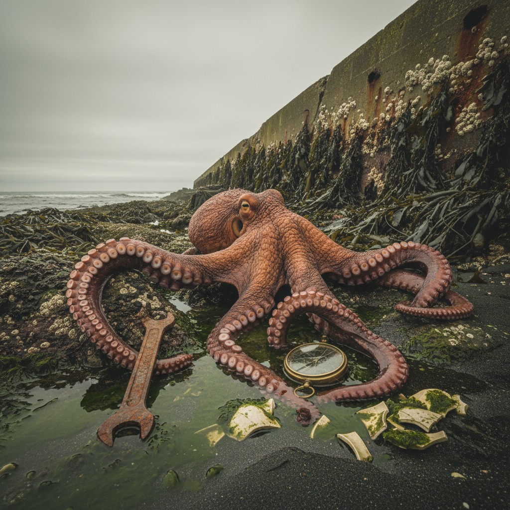 A giant Pacific octopus emerging from a tidal pool, reaching toward abandoned human tools