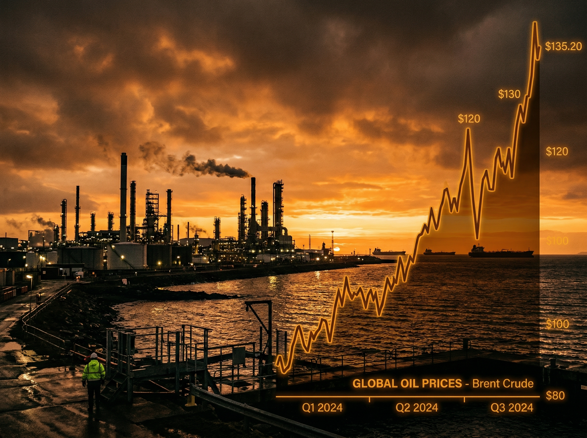 Oil refinery at sunset with tanker ships silhouetted against an amber sky