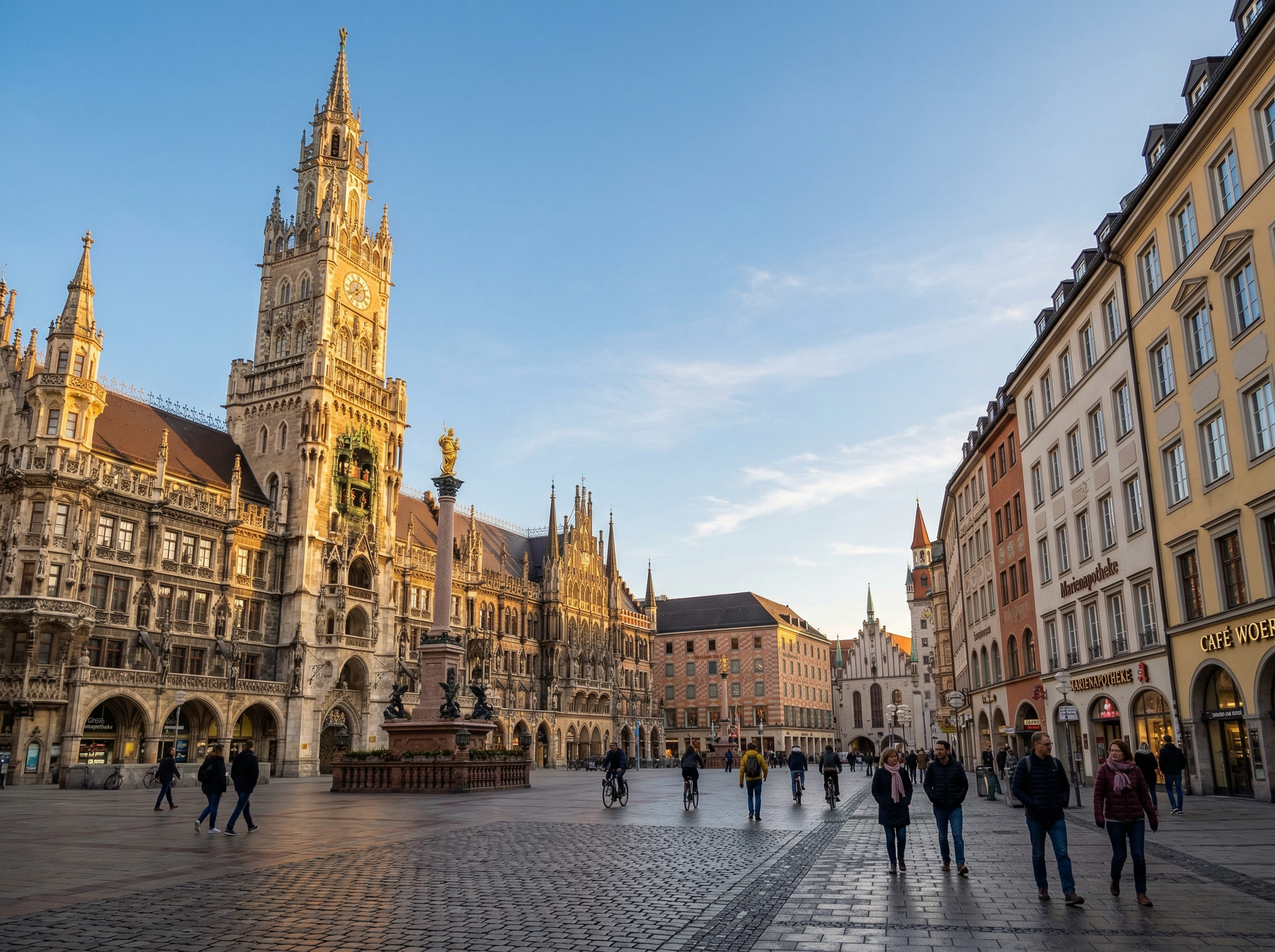 Munich Marienplatz square at golden hour with the Gothic New Town Hall and its famous Glockenspiel