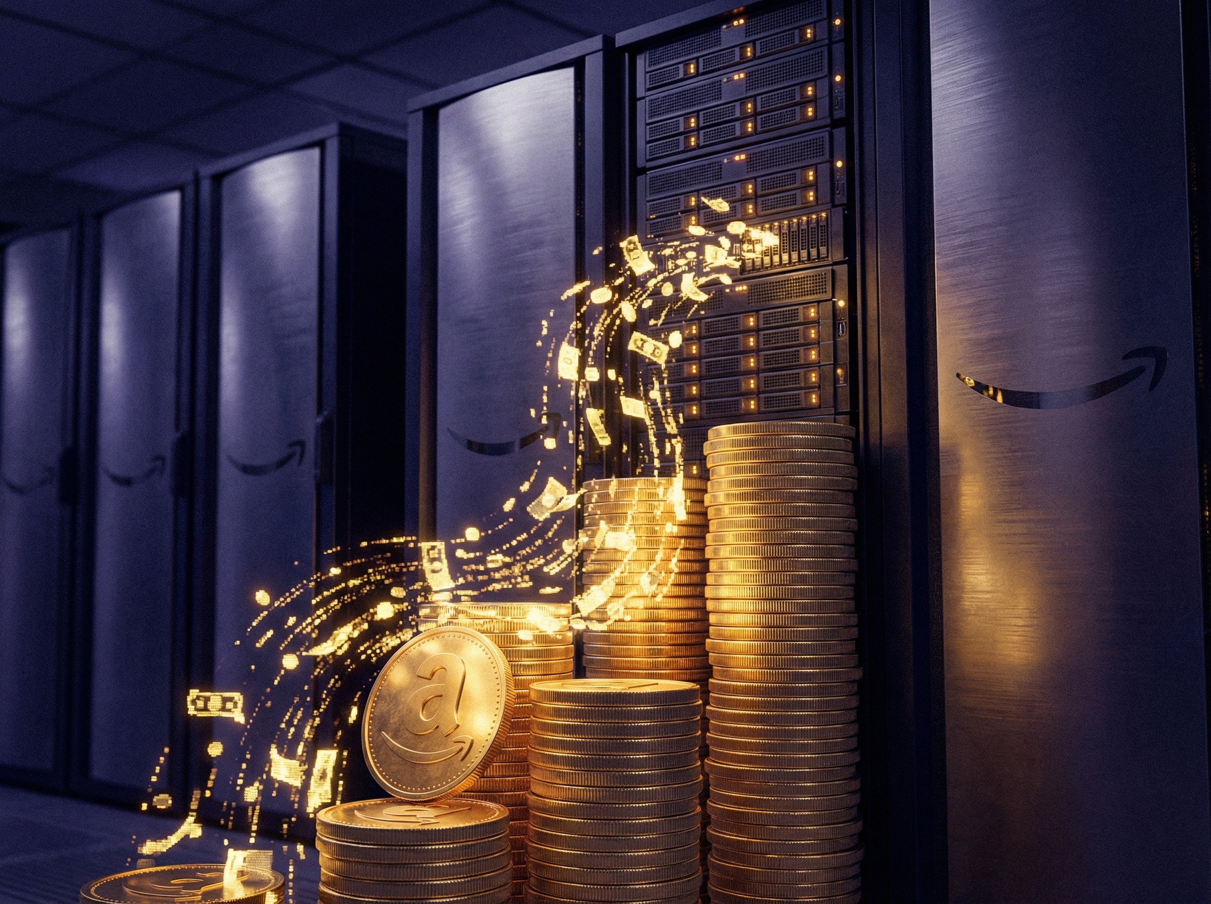 Towering stacks of gold coins transforming into server racks