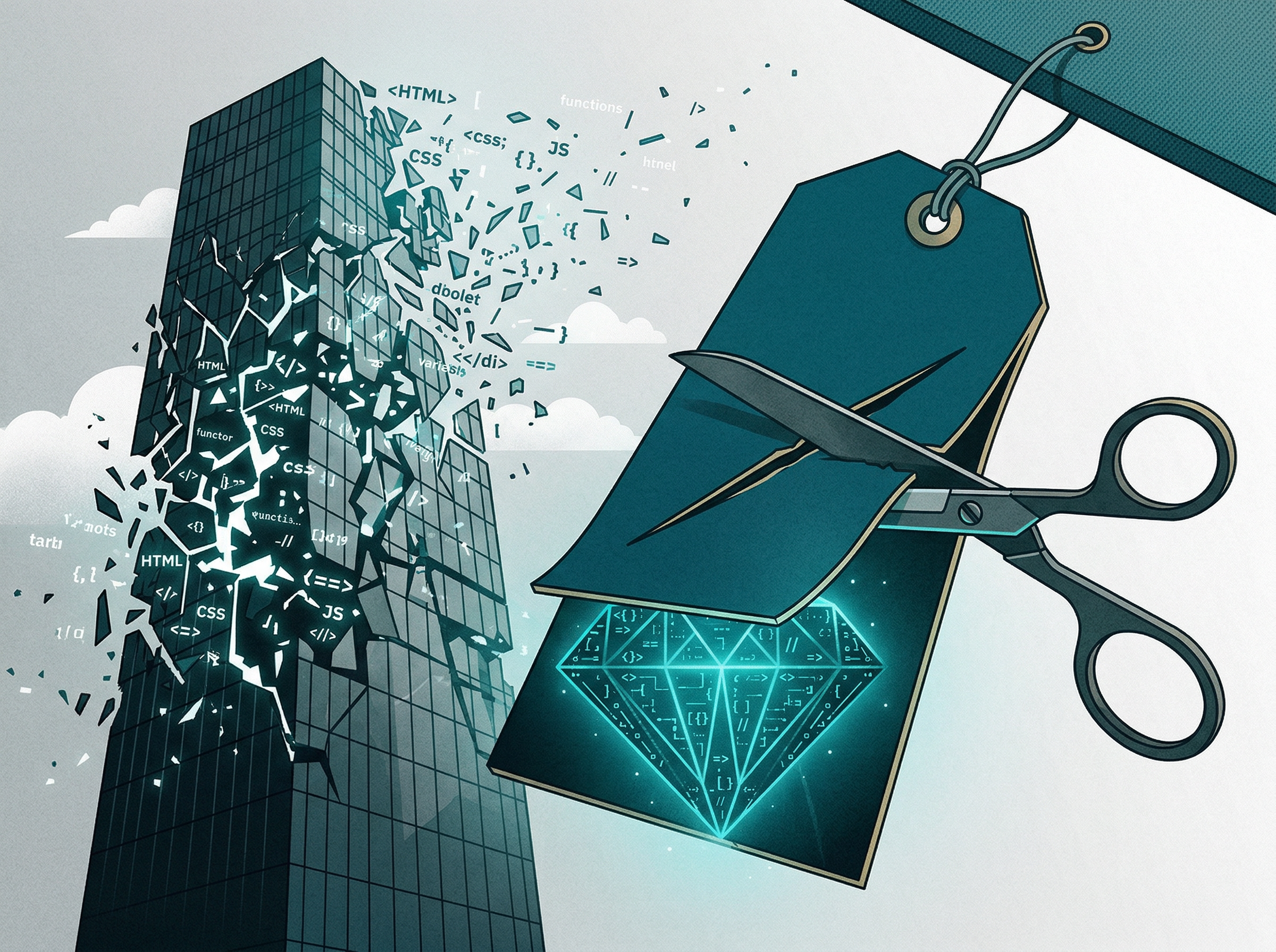 A premium price tag being cut, revealing open-source code underneath