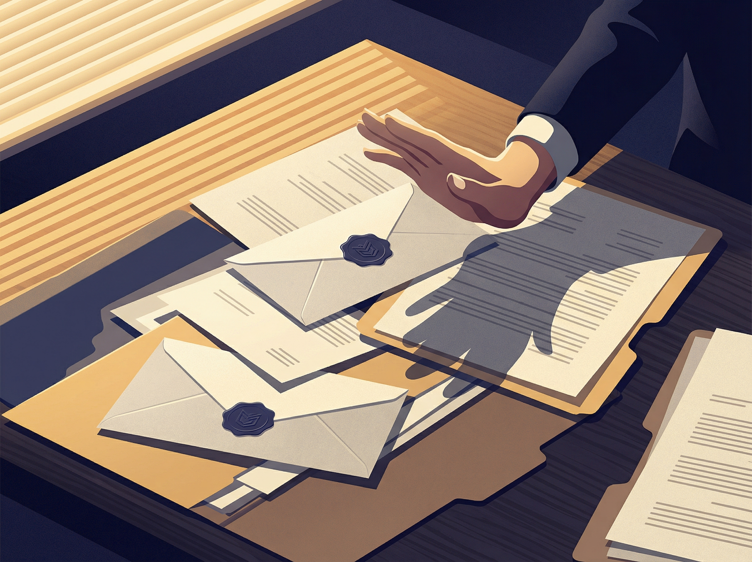 Editorial illustration of an administrator's desk with official documents being pushed away in refusal