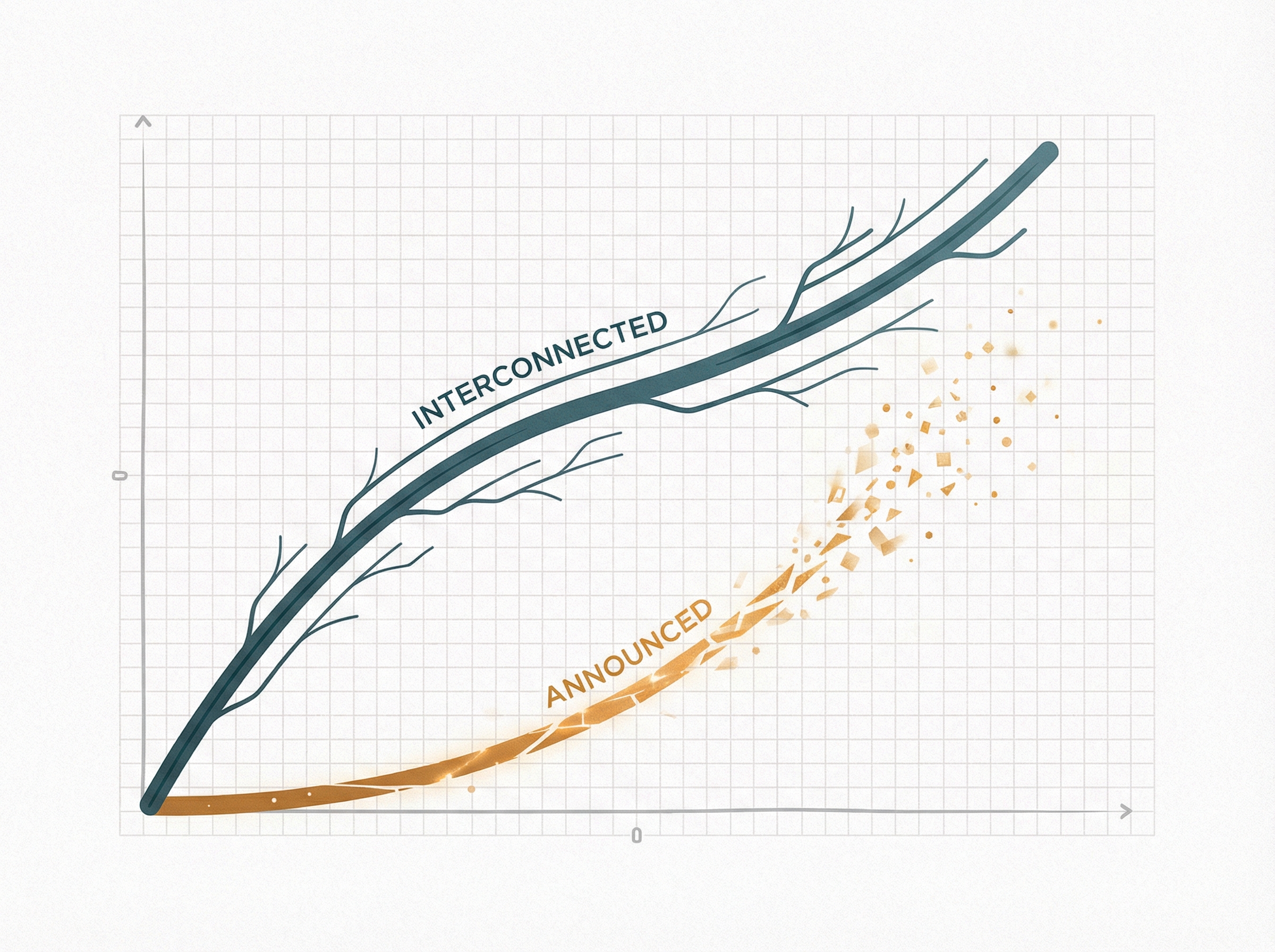 Abstract visualization of diverging forecast lines showing announced versus interconnected power capacity