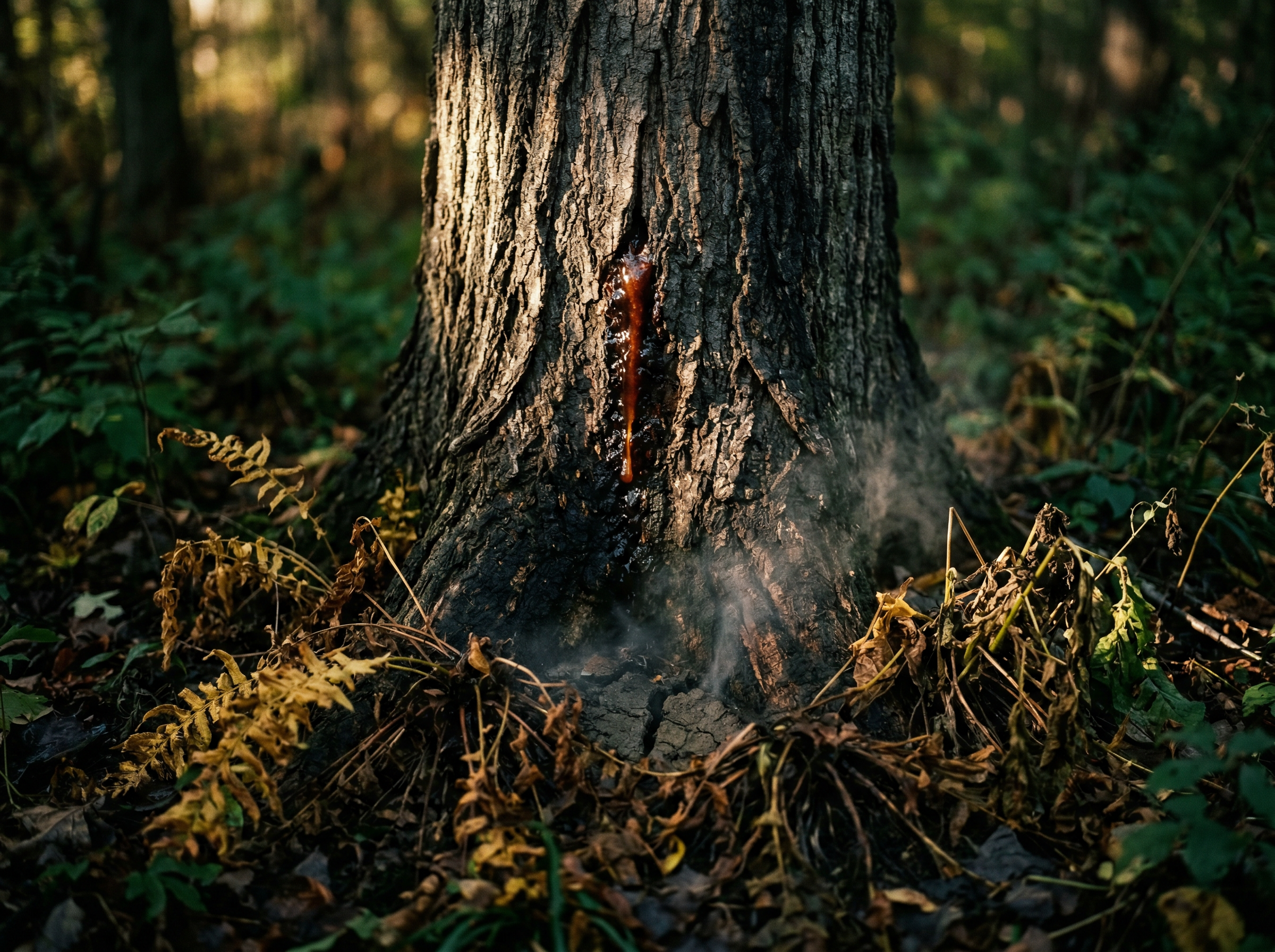 A black walnut tree with dark sap oozing, surrounded by wilting plants dying in a circle around it