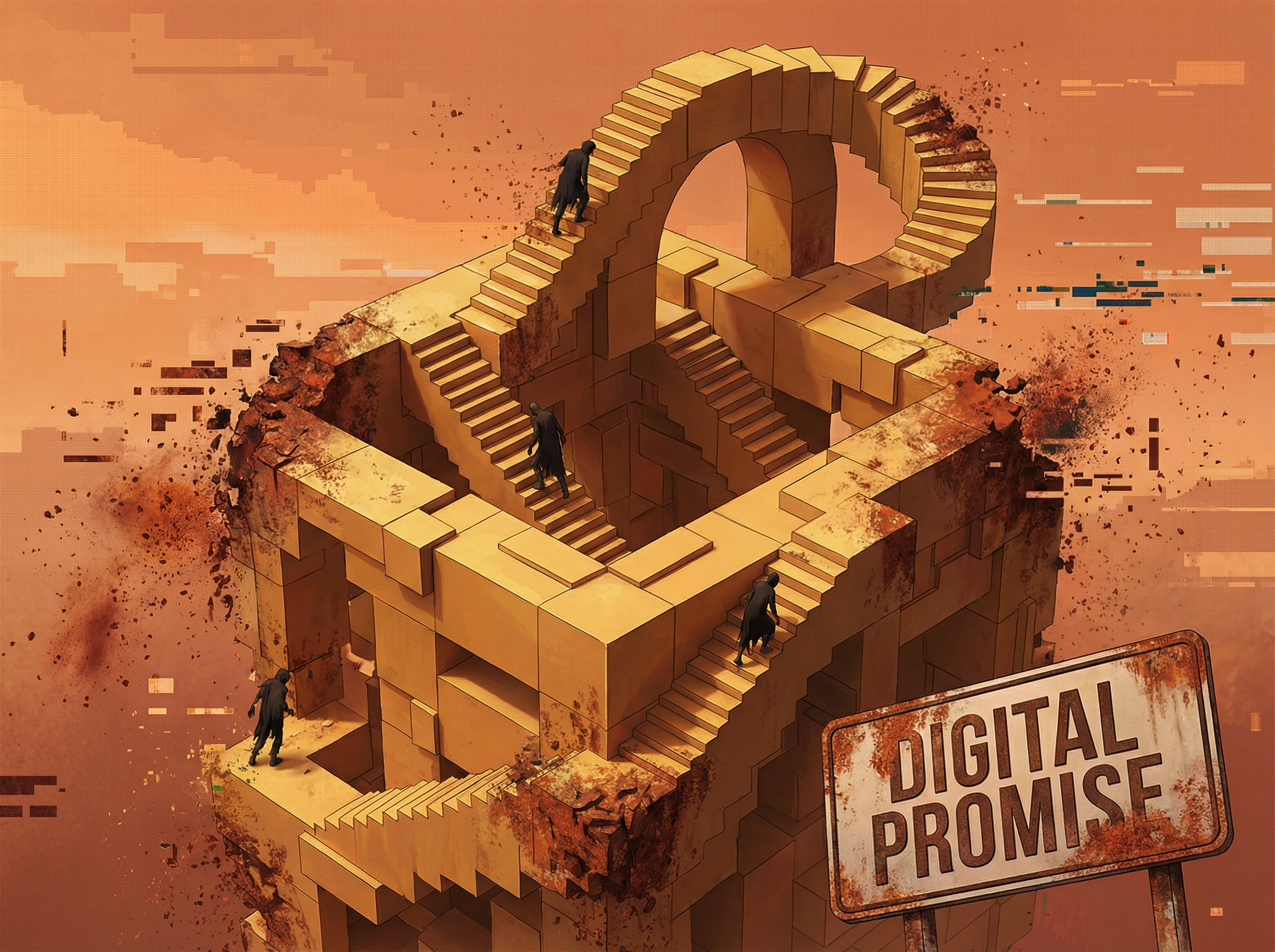 Golden platform blocks dissolving into rust, users trapped in the crumbling structure