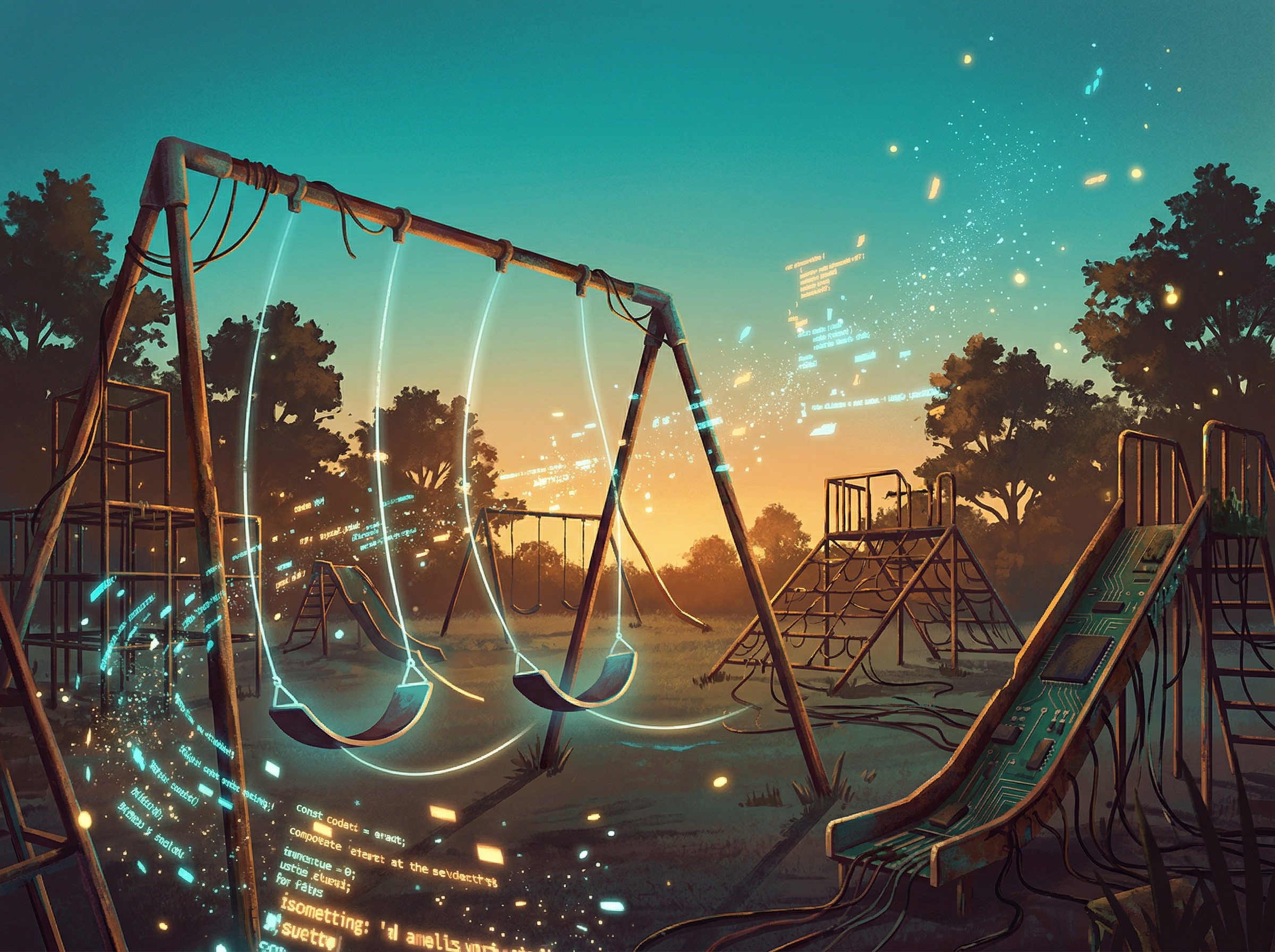 An abandoned digital playground at twilight with empty swings and dissolving code fragments