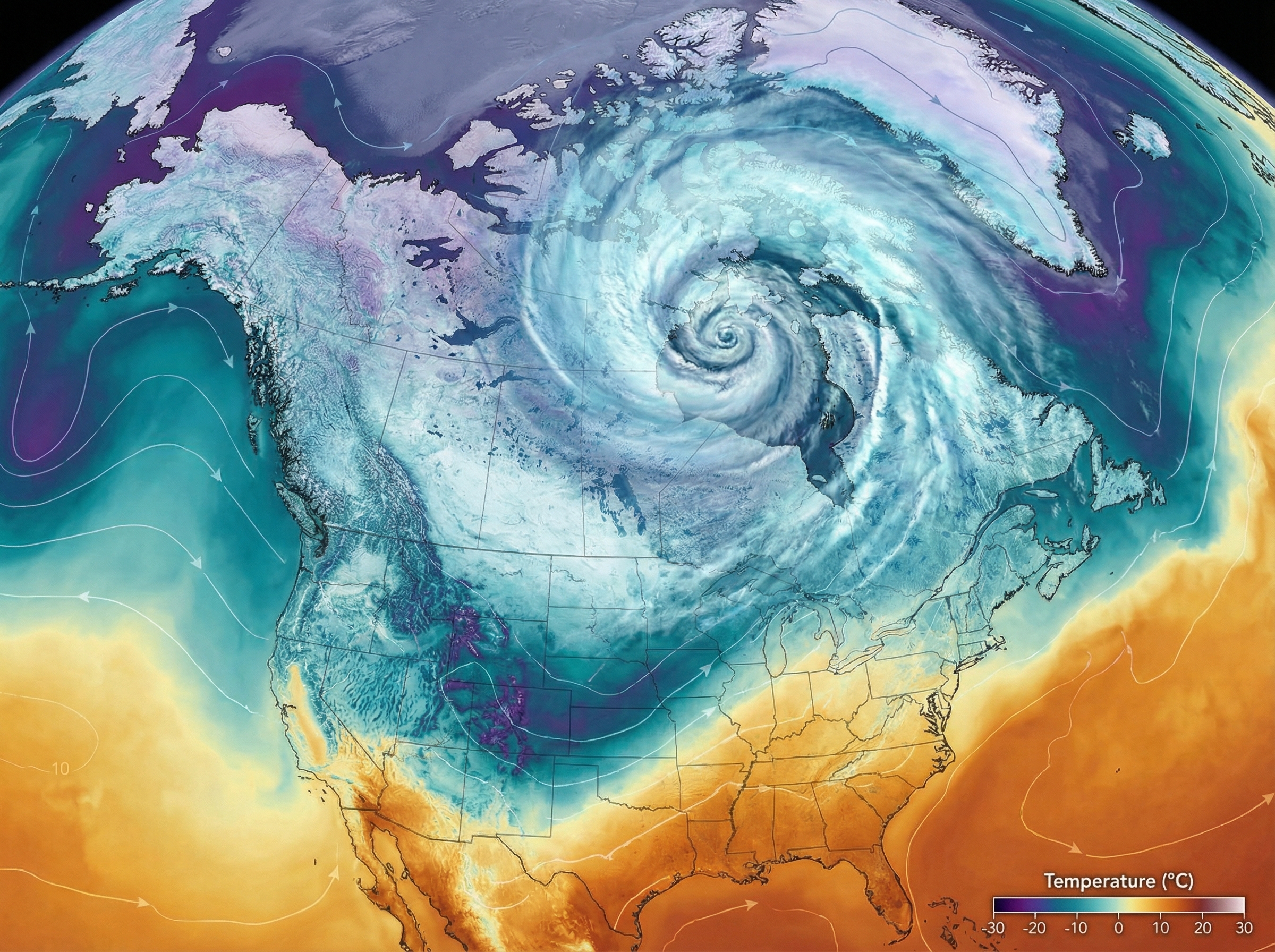 Polar vortex spiral descending over North America
