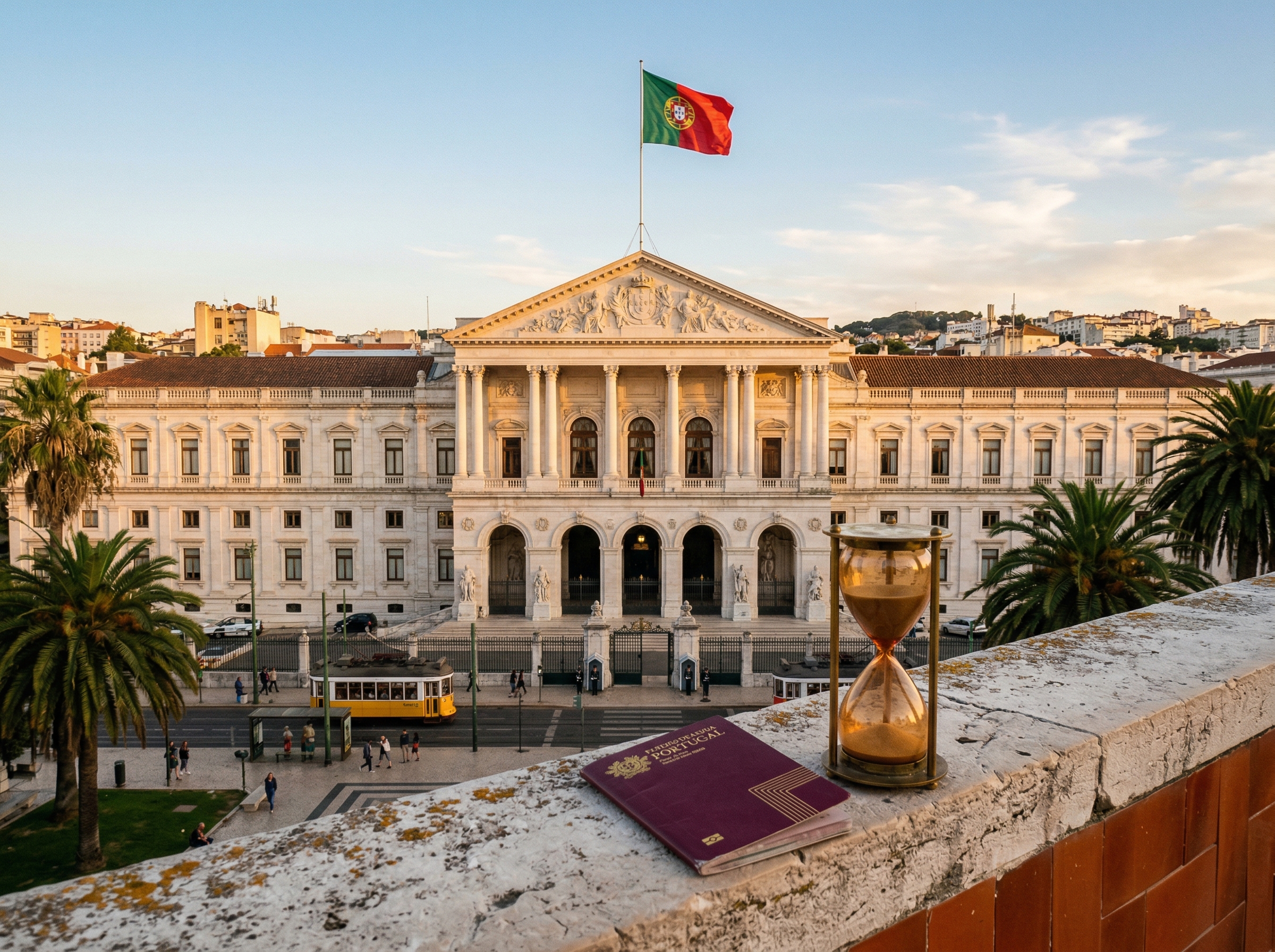 Portuguese parliament building in Lisbon bathed in golden light